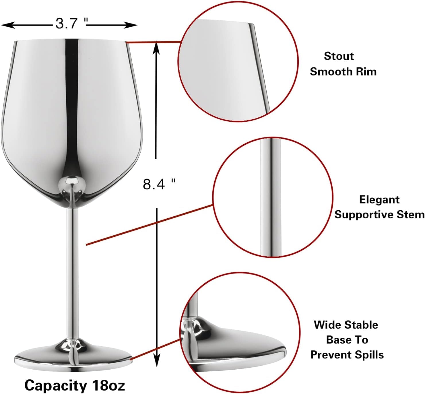 Stainless Steel Wine Glasses Set of 4, 18Oz Unbreakable Metal Wine Glass, Fancy, Unique Wine Goblets for Outdoor, Travel, Camping and Pool, Ideal Gift for Wine Lovers (Silver)