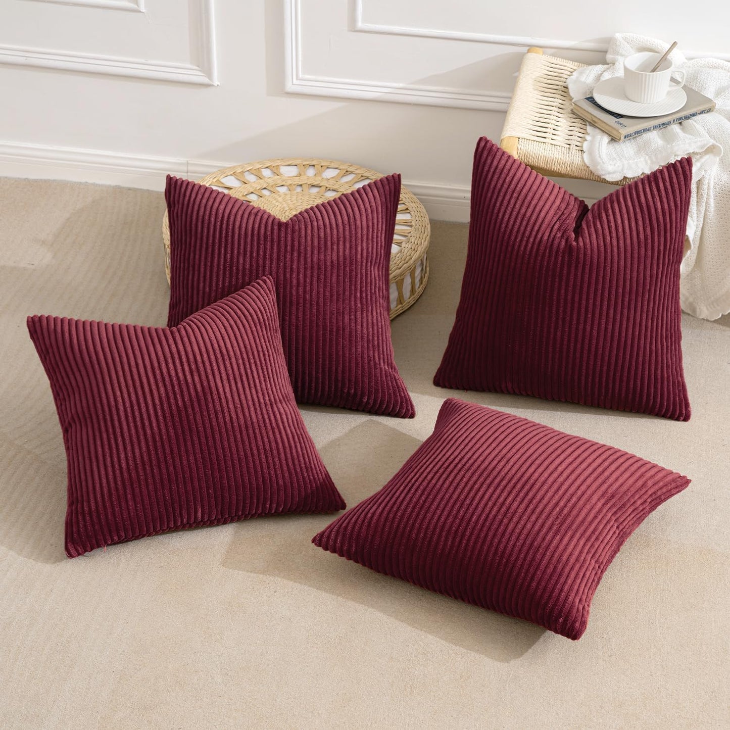 Boho Farmhouse Throw Pillow Covers 16X16 Inch Set of 4 Mordern Nordic Cushion Covers Soft Corduroy Christmas Home Decor for Couch Bed Sofa Living Room Burgundy