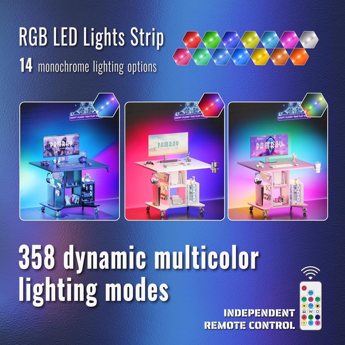 Small Rolling Gaming Desk with Led Lights Power Outlets and Storage Pegboard, Small Spaces Compact PC Computer Table Pink