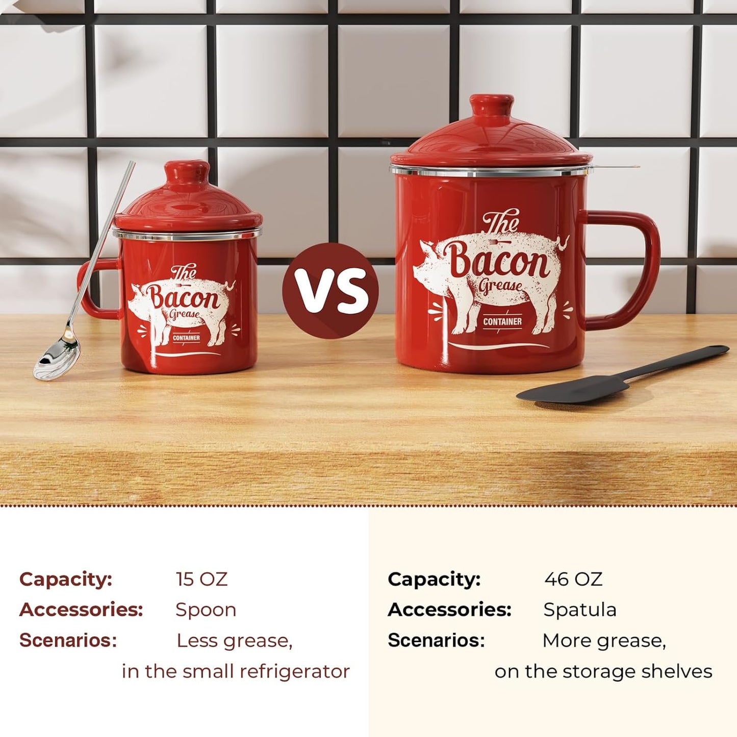 Mini Bacon Grease Container with Strainer - 15OZ Enamel Grease Saver, Farmhouse Bacon Grease Keeper for Kitchen Fat Storage, Dishwasher Safe-Red