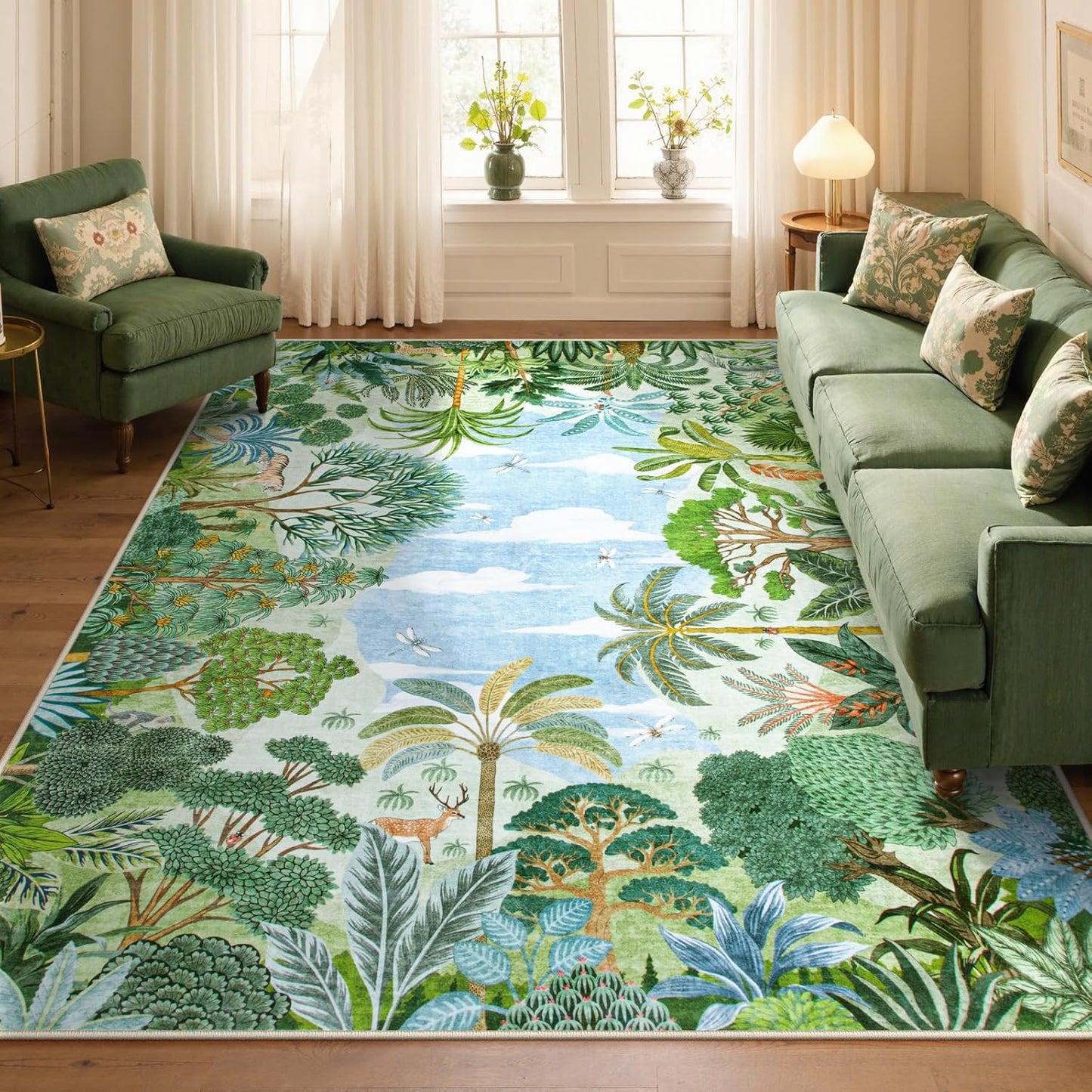 Summer Jungle Rug, Washable Rugs 5X7 for Bedroom, Green Forest Soft Carpet for Living Room, Summer Season Non Slip Non Shedding Dining Room Carpet for under Table Classroom Entryway