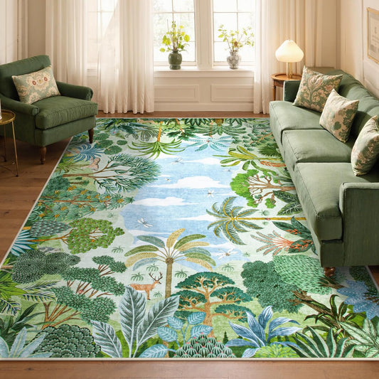 Summer Jungle Rug, Washable Rugs 5X7 for Bedroom, Green Forest Soft Carpet for Living Room, Summer Season Non Slip Non Shedding Dining Room Carpet for under Table Classroom Entryway