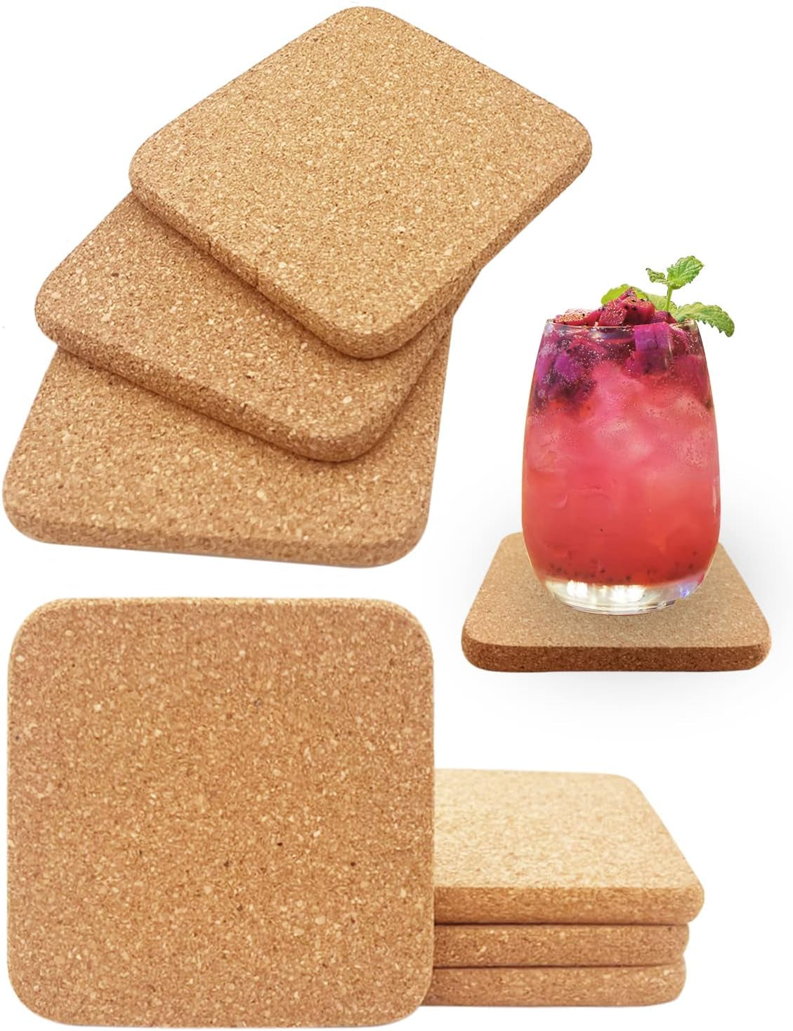 Cork Coasters for Drinks, 8 Pcs Square Extra Thick Absorbent Cork Coaster Sets, round Edge Drink Coaster, Cup Coasters for Kinds of Cups, Housewarming Gifts, Home Decor, 4 X 4 Inches
