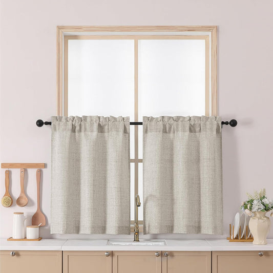 Curtains 30 Inch Length, Light Filtering Faux Linen Textured Small Window Curtains over Sink, Half Window Short Curtain for Cabinet Bathroom Basement, 30X30 Inch, 2PCS, Linen Color