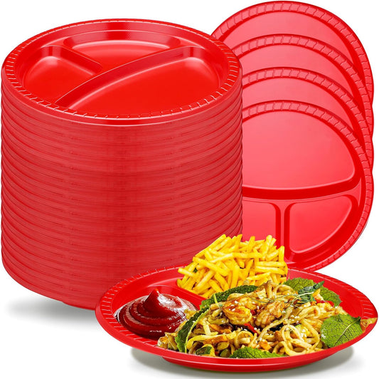 100 Piece Set of 10-Inch Heavy-Duty Divided Plastic Plates in Assorted Colors for Valentine's, Weddings, and Birthday Parties (Red)