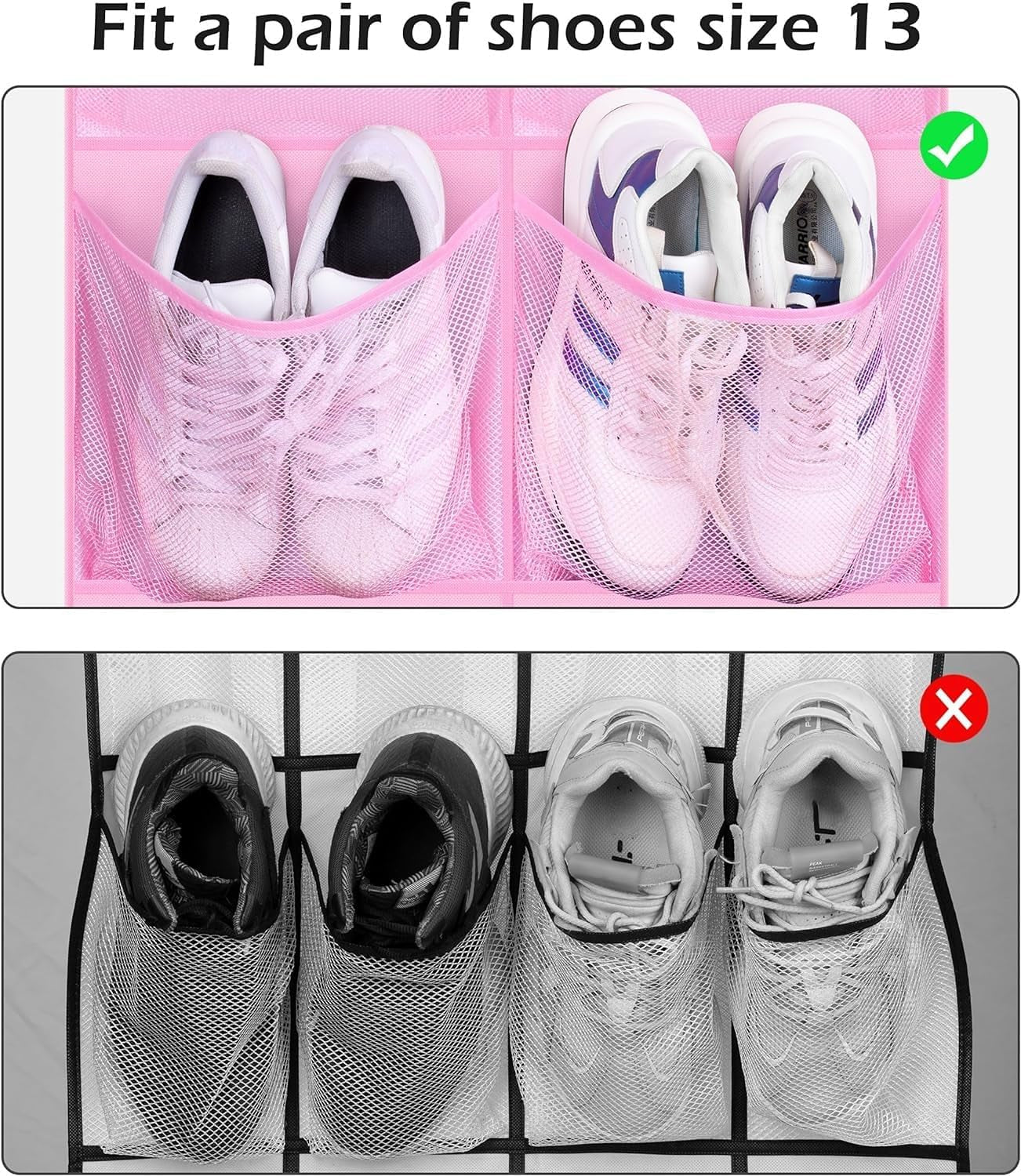 12 Large Mesh Pockets over the Door Shoe Organizer for Closet Hanging Shoe Rack for Door Sneaker Hanger Boot Storage for Kids, Baby, Toddler, Girl, Pink