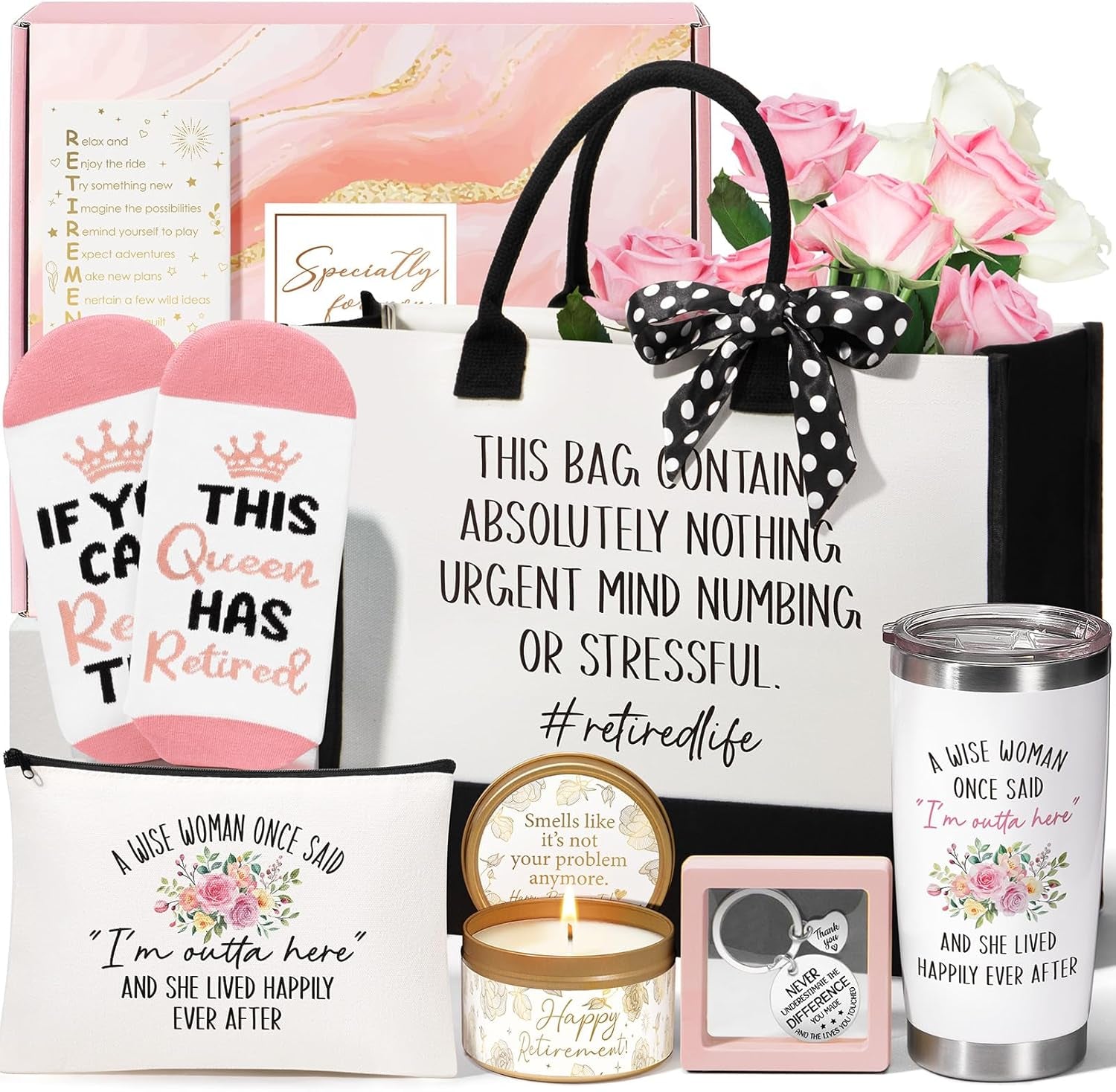 Happy Retirement Gift for Woman 2025, Funny Retirement Gifts for Women Coworkers, Cool Retired Gifts for Retirees Women Teacher Nurse Boss Friend Mom Grandma, Farewell Leaving Gift W/ Canvas Tote Bag