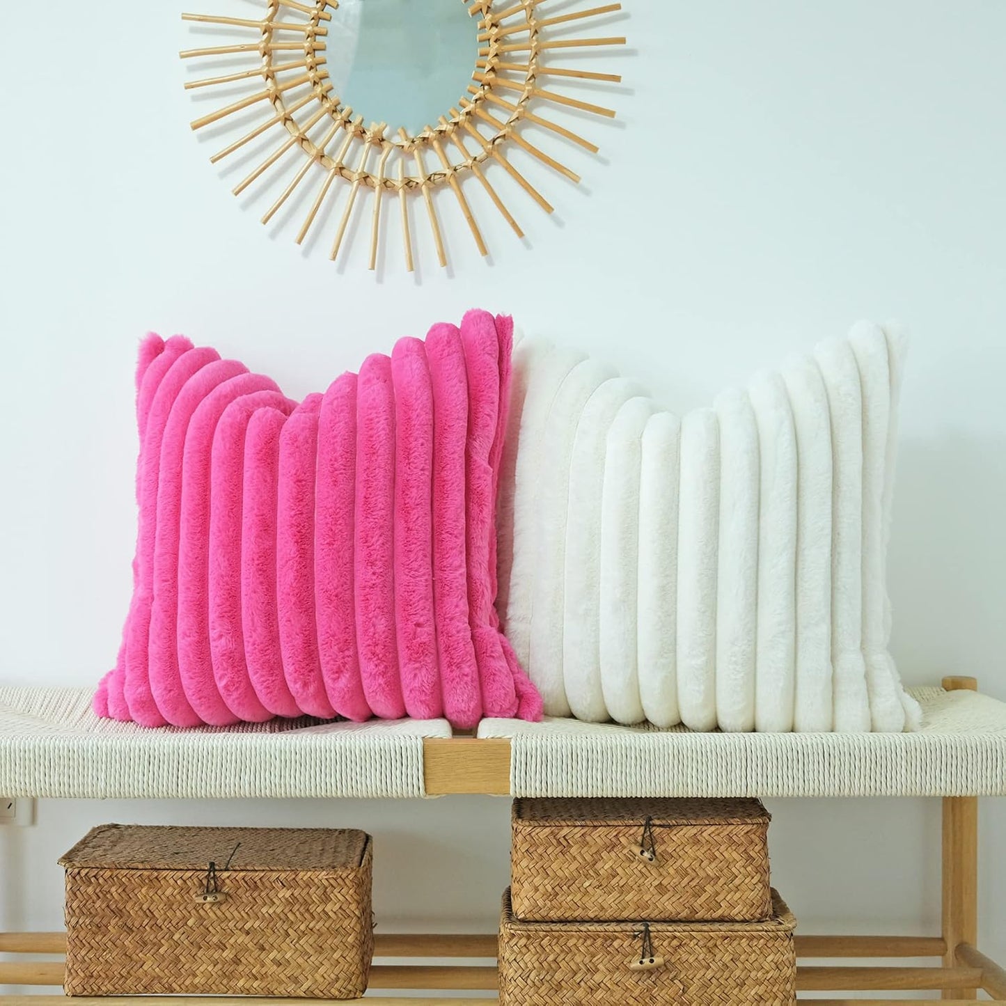 Pack of 2 Faux Fur Plush Decorative Throw Pillow Covers Couch Cushion Case Soft Pillowcases (Hot Pink, 20 X 20-Inch)