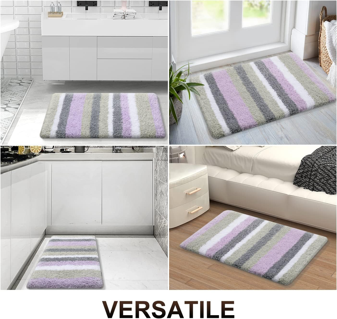 Microfiber Striped Bathroom Rugs Bath Mat, Extra Thick, Soft and Shaggy, Absorbent, Machine Washable, Bath Rugs for Bathroom, Tub and Shower, 24X16 Inches, Purple-Grey