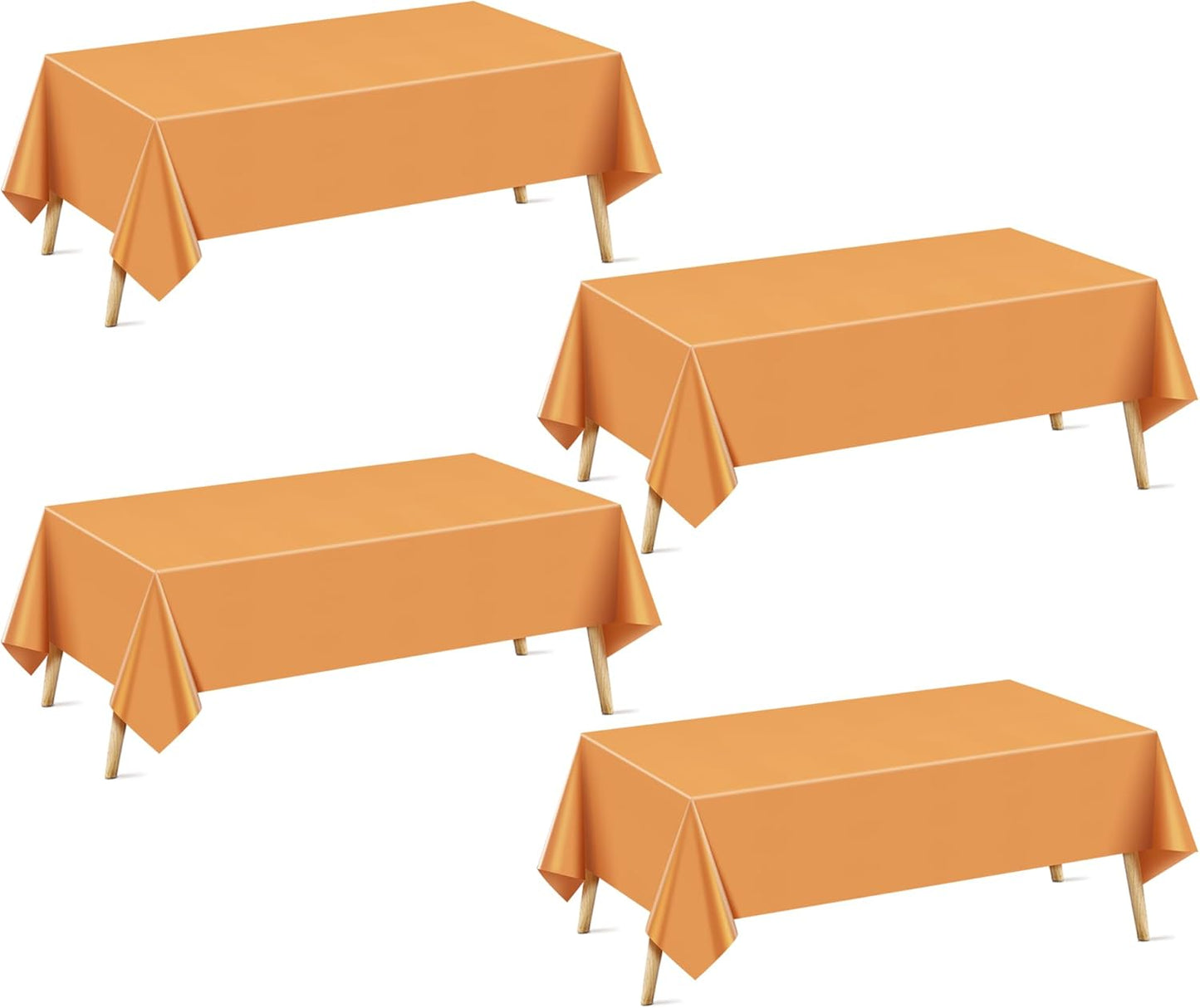 Set of 4 Orange Rectangular Tablecloths, 54x72 Inches, Waterproof and Spillproof Disposable Plastic Covers for Dining, Buffets, Picnics, and Outdoor Events