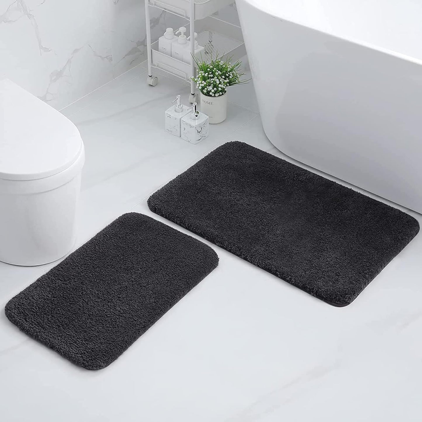 Microfiber Bathroom Rugs Set 2 Pieces - Shaggy Soft Thick Bath Mat, Non-Slip Machine Wash/Dry Absorbent Shower Bathroom Rugs and Mats Sets for Bathroom(20"X32"+20"X32", Charcoal Grey)