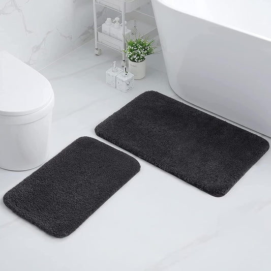 Microfiber Bathroom Rugs Set 2 Pieces - Shaggy Soft Thick Bath Mat, Non-Slip Machine Wash/Dry Absorbent Shower Bathroom Rugs and Mats Sets for Bathroom(20"X32"+20"X32", Charcoal Grey)