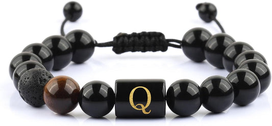 Christmas Gifts Initials Bracelets for Men Letter Link Handmade Natural Black Onyx Tiger Eye Stone Beads Braided Bracelet, Adjustable Charm Bracelet Jewelry Gifts for Him
