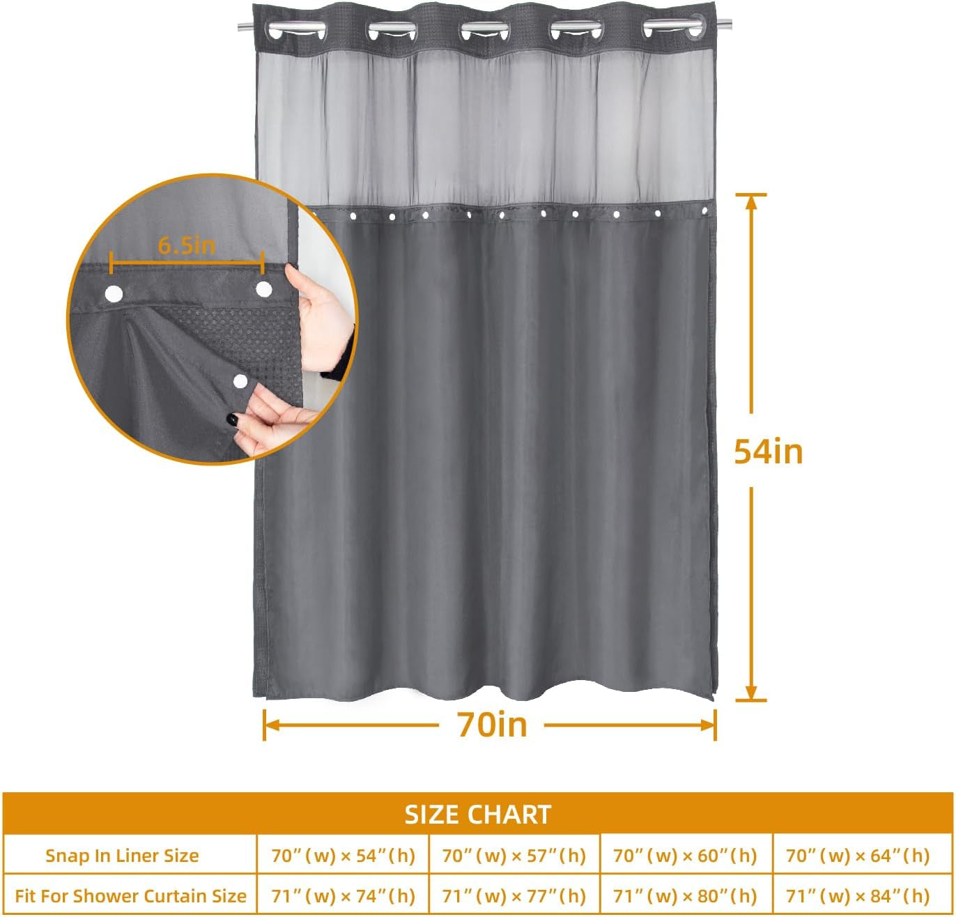 1 Pack Fabric Snap-In Shower Curtain Liner Replacement,Compatible with No Hook Shower Curtain with Snap in Liner, Removable & Water-Repellent,Machine Washable,70X54,Grey