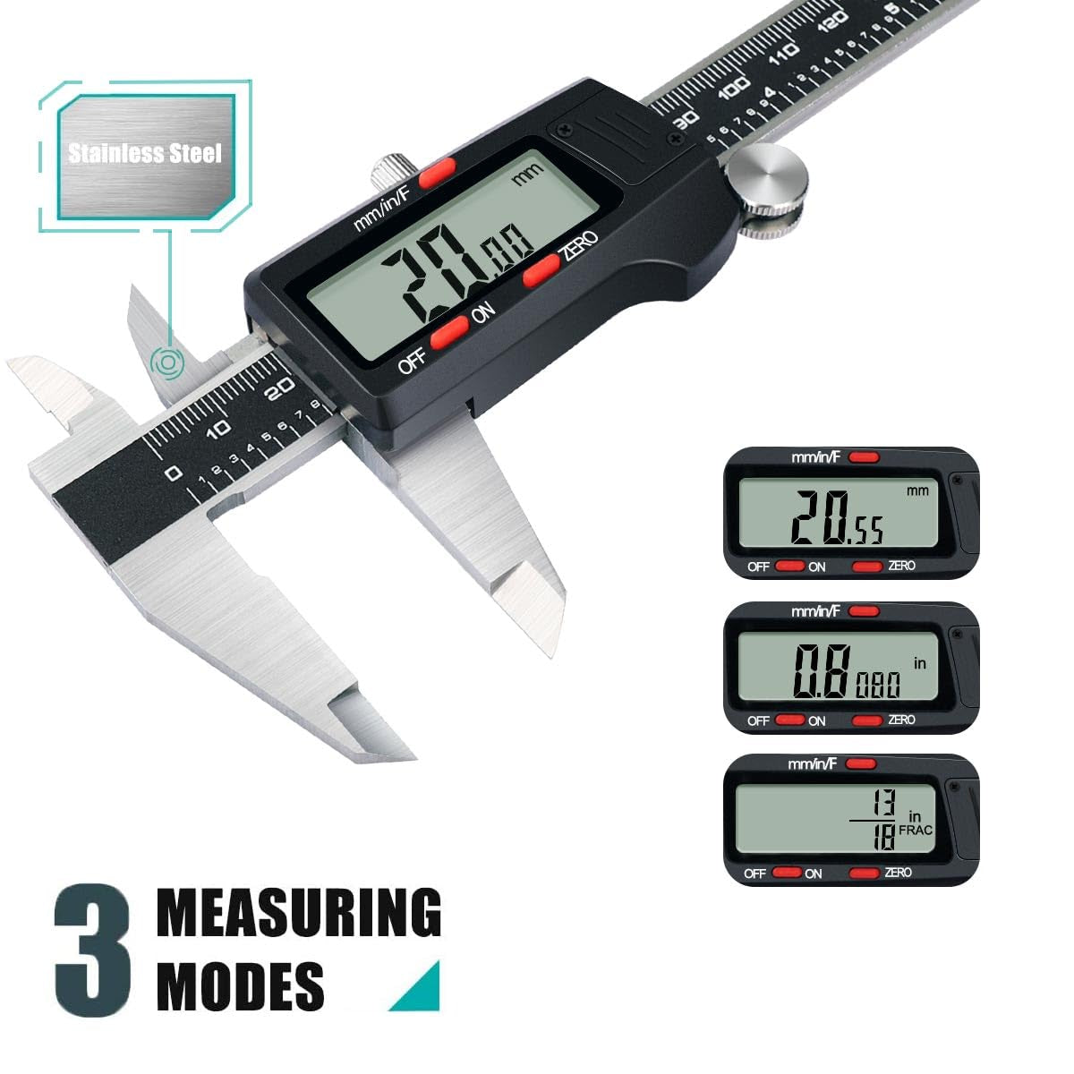 Digital Vernier Caliper, Caliper Measuring Tool, outside Micrometer Dial Caliper with Stainless Steel, Large LCD Screen, Auto - off Feature, Inch Metric Fraction Conversion (6Inch/150Mm)