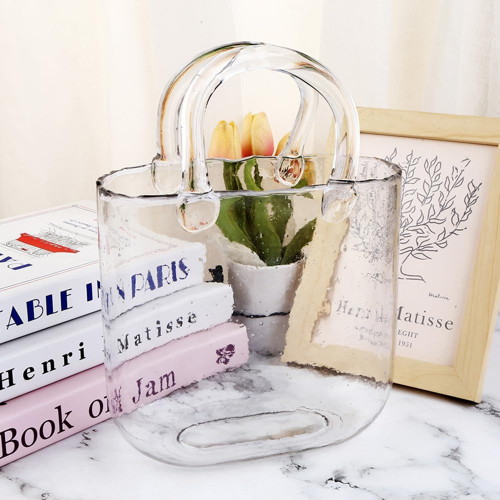 1Pcs Clear Glass Bag Vase for Flowers - Handmade Glass Purse Vase, Ideal for Centerpieces - Stylish and Functional Clear Glass Vase (Clear, 1Pcsclear)