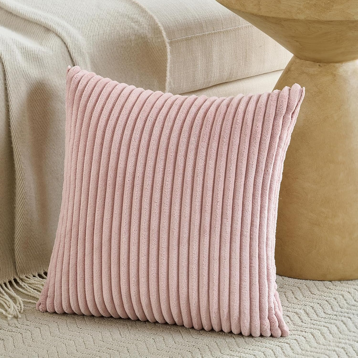Set of 2 Blush Pink Boho Decorative Throw Pillow Covers 16X16 Inch for Couch Bed Sofa, Aesthetic Modern Bohemian Room Decor, Soft Fuzzy Fluffy Cozy Corduroy Textured Cushion Case 40X40Cm