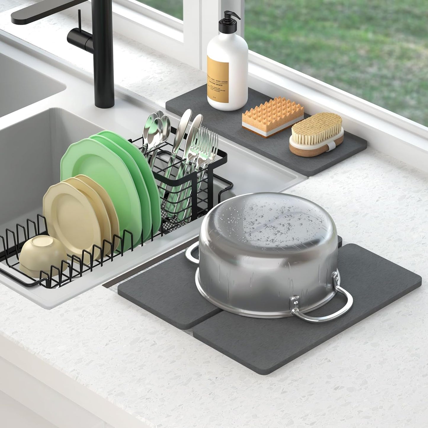 Expandable Small Dish Drying Rack with Diatomite Mat and Utensil Holder for Kitchen Sink, 5.4”W x 12.1”-18.9”L
