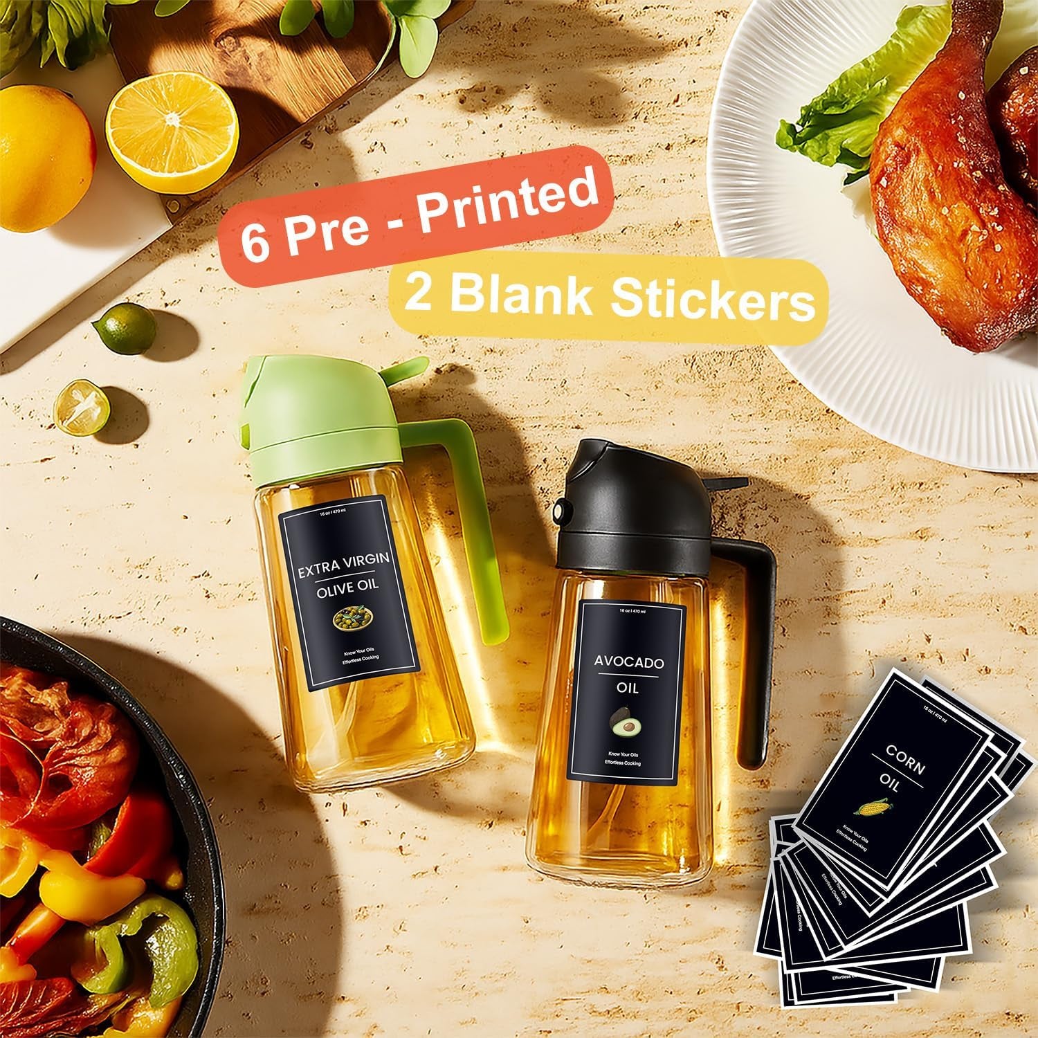 - 16Oz/470Ml Olive Oil Dispenser for Kitchen with Stickers - 2 in 1 Olive Oil Sprayer for Cooking, Air Fryer, and Salad, 2 Black (Light-Proof Kitchen Gadget)