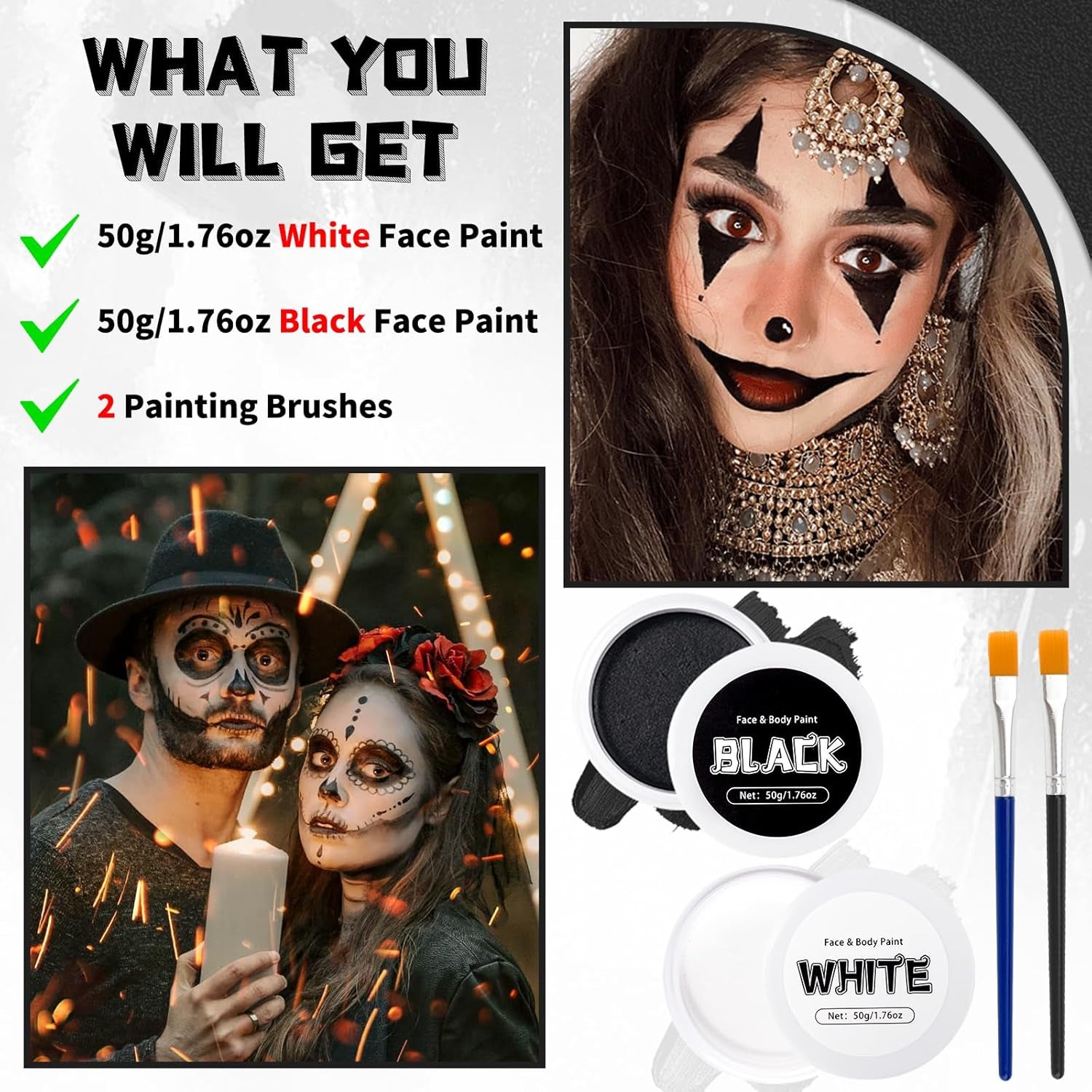Black + White Face Body Paint Set 3.5Oz/100G, Non-Toxic Professional Facepaint Makeup Kit with 2 Brushes for Kids & Adults Art Theater Halloween Party Cosplay Clown Corpse Goth SFX Makeup