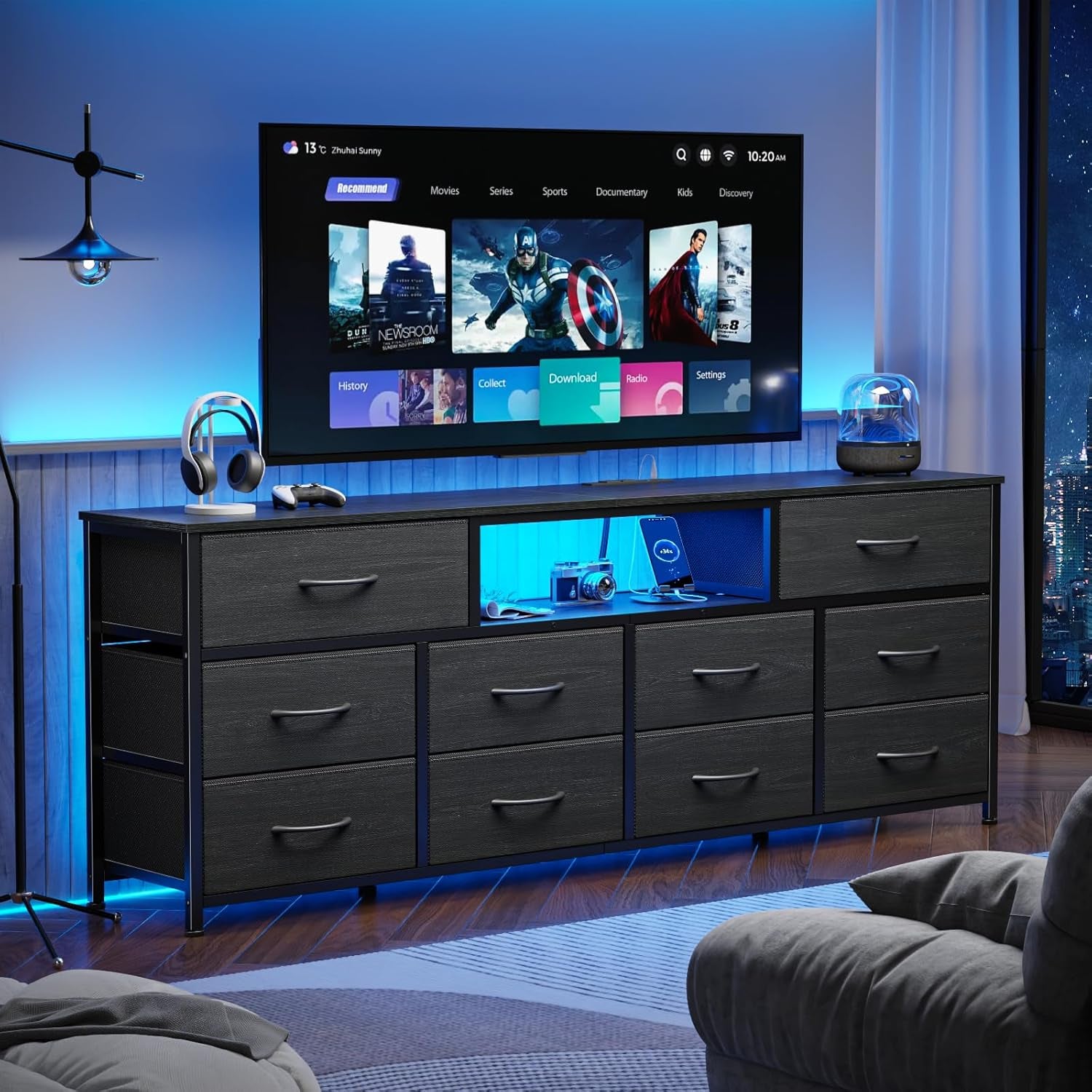 63-Inch Black Dresser and TV Stand for 65 to 75 Inch TVs, Featuring 10 Fabric Drawers, Power Outlet, and LED Lighting