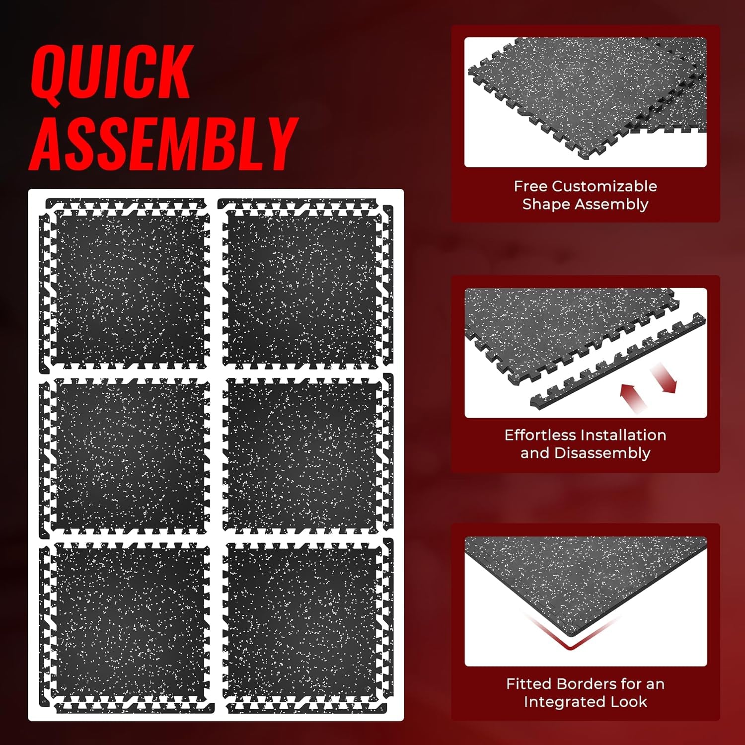 6-Piece Set of 0.56-Inch Thick High-Density EVA Foam Exercise Mats with Rubber Top, Interlocking Gym Flooring for Home Use, Protective Workout Mat, Black/Grey, 24 Sq Ft