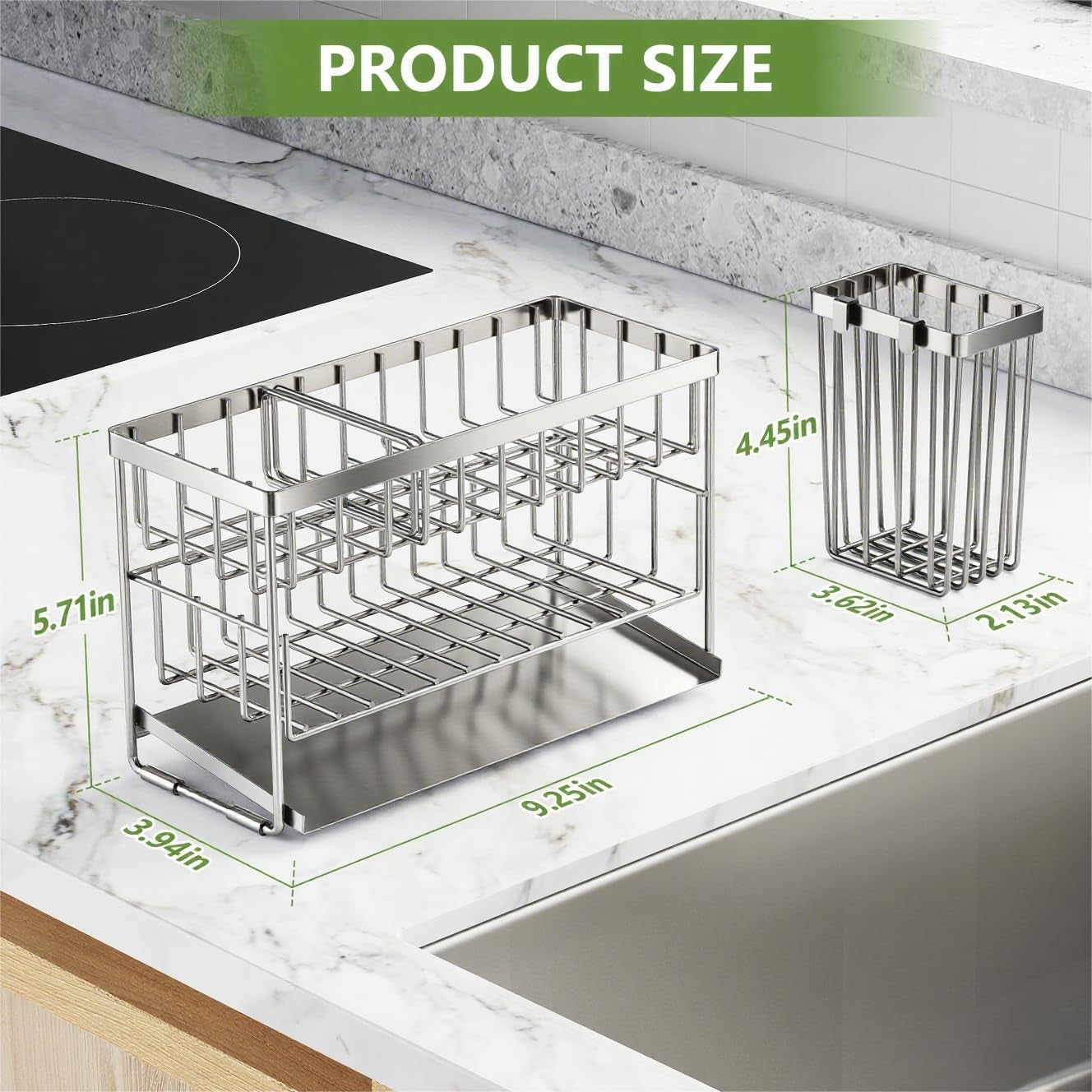 Silver 2-Tier Kitchen Sink Caddy Organzier Rack with Flexible Dish Brush Holder, Sponge Holder for Kitchen Sink Countertop Organization Storage,Home Decor Stainless Steel