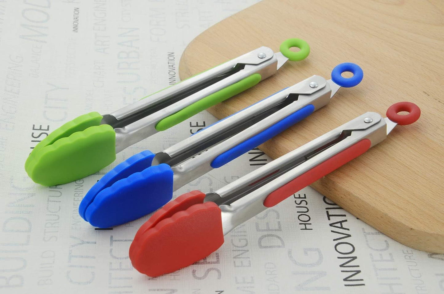 Small Tongs with Silicone Tips 7-Inch Mini Serving Tongs, Set of 3 (Red Blue Green)