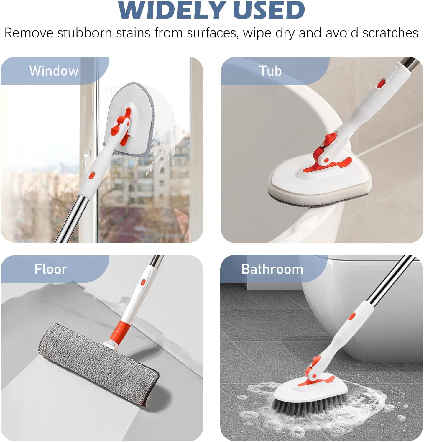 Floor Scrub Brush, 4-In-1 Tile Tub Floor Scrubber with Adjustable Long Handle Shower Cleaner Brush Comes with Window Scrubber for Cleaning Bathroom Kitchen Walls Tub Tile, Orange