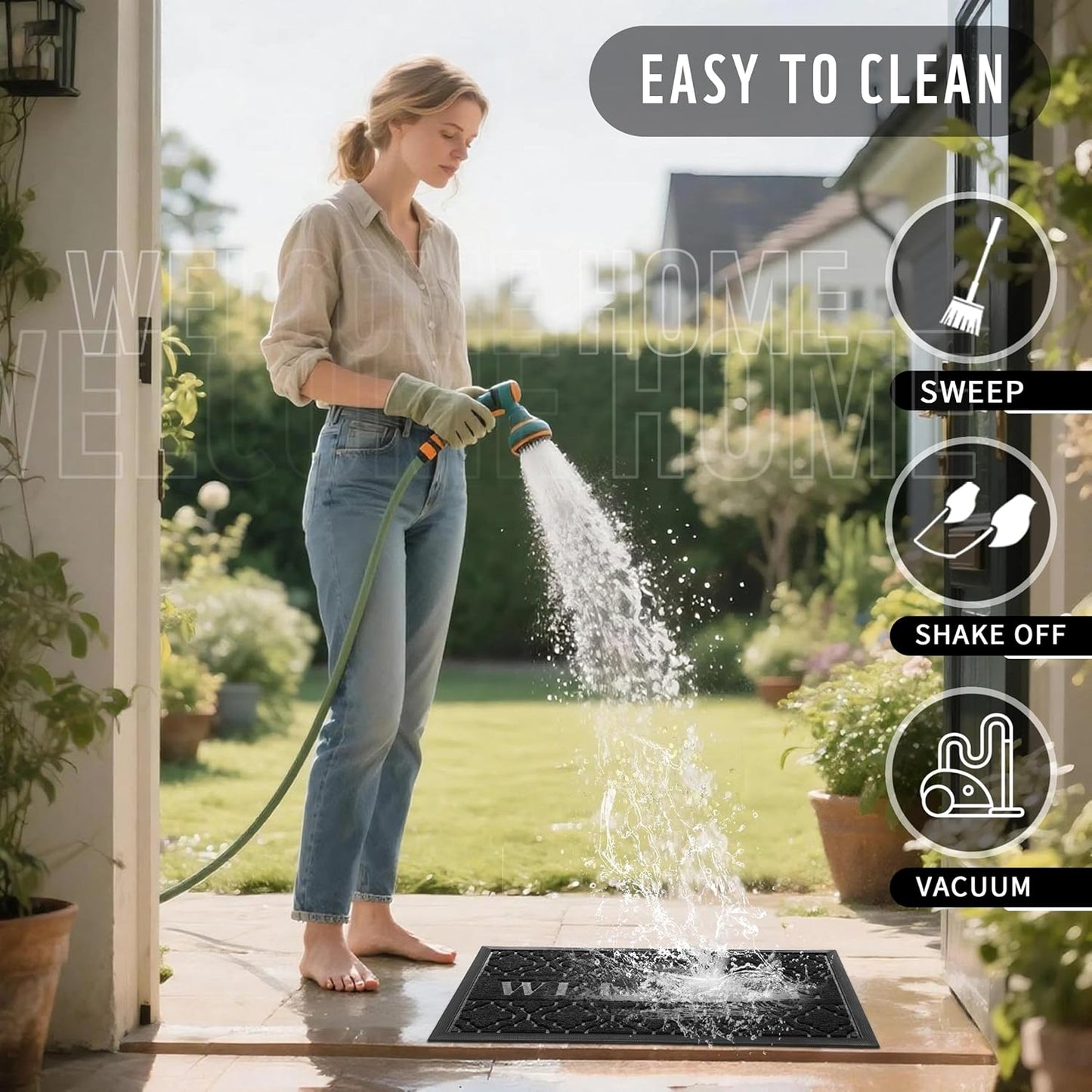 Welcome Mat Outdoor Indoor 29.5X17, All-Weather Waterproof Front Door Mat outside Entrance, Non-Slip Low Profile Porch Patio Doormat, Black