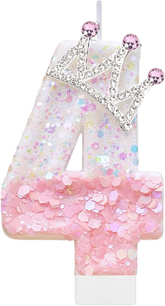 Pink Birthday Number 4 Candle for Cake, Pink Crown Cake Topper Princess Birthday Party Decorations Cupcake Topper Party Favors Decor Supplies