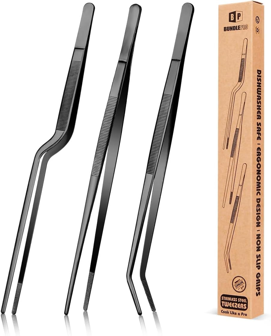 Fine Cooking Tweezers Set, Professional Stainless Steel Food Tongs, Kitchen Black Long Chef Tweezer for Cooking, Plating, Decorating and BBQ (BLACK, 10 Inch)