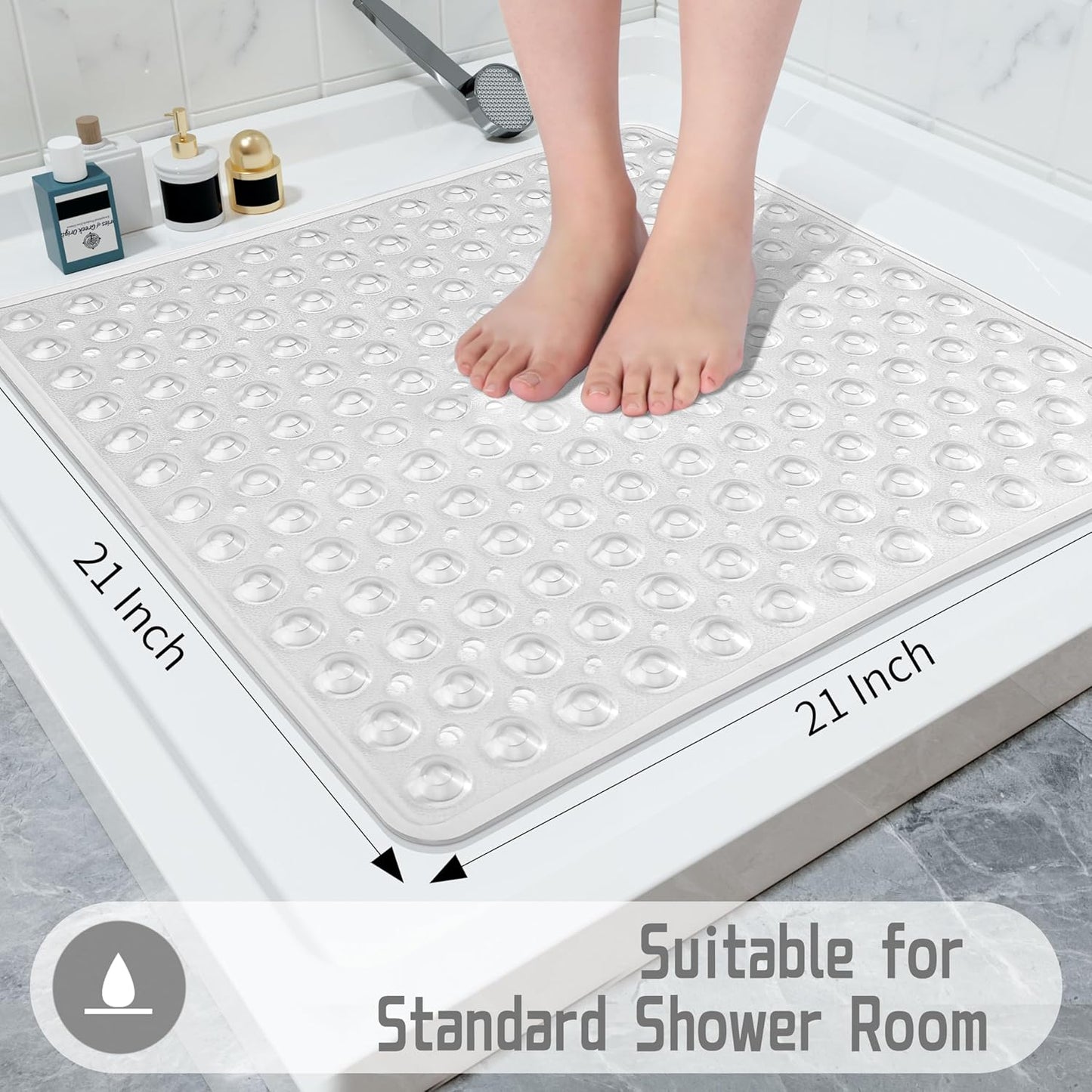 Shower Stall Mat Non Slip, 21X21 Inch, Soft Square Bath Mat for Shower with Suction Cups and Drain Holes, Stall Floor Mats for Bathroom, Machine Washable, Bathroom Accessories, Clear