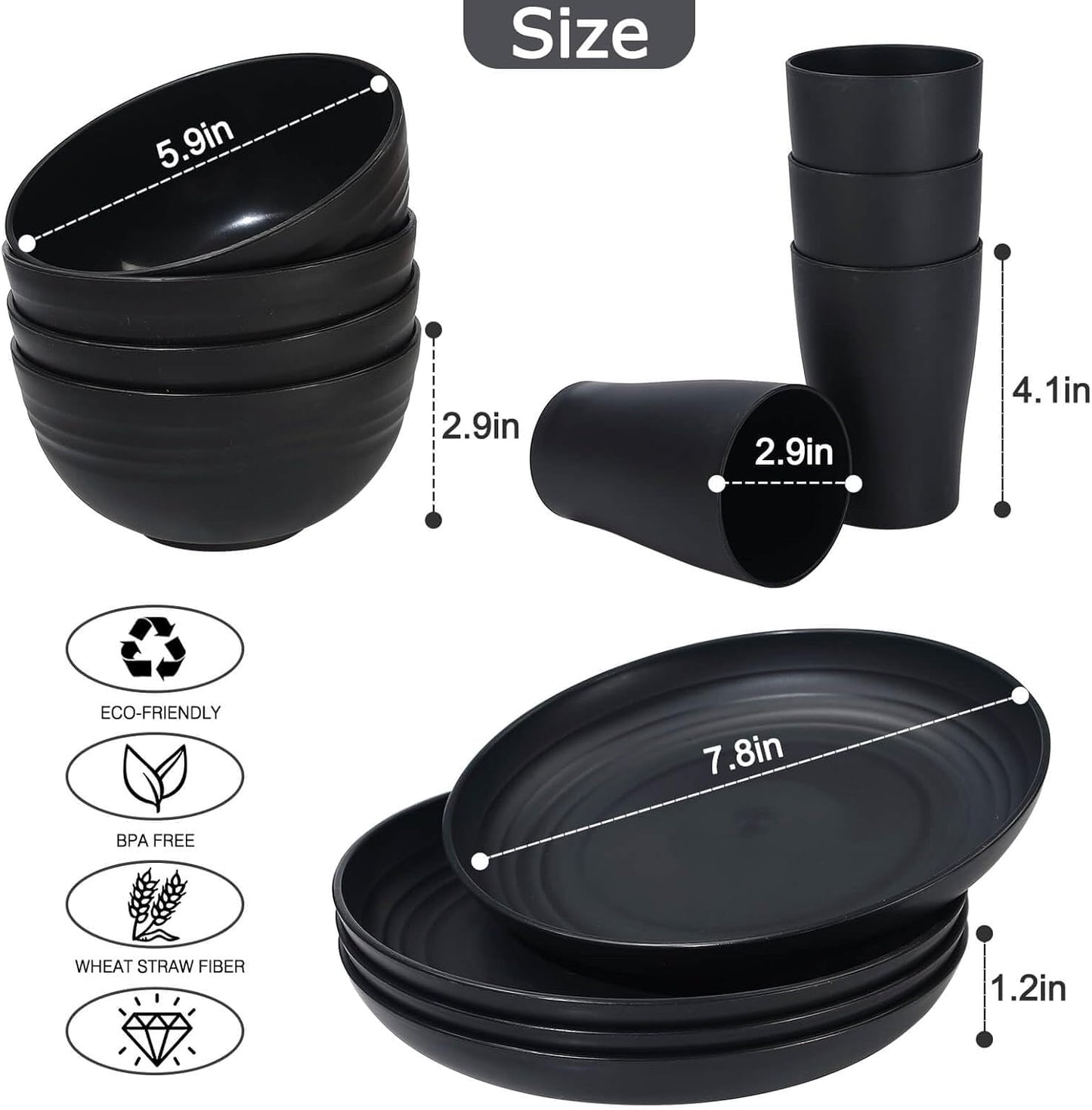 12-Piece Kids' Wheat Straw Dinnerware Set, Microwave-Safe Plates and Bowls for 4 (Black)