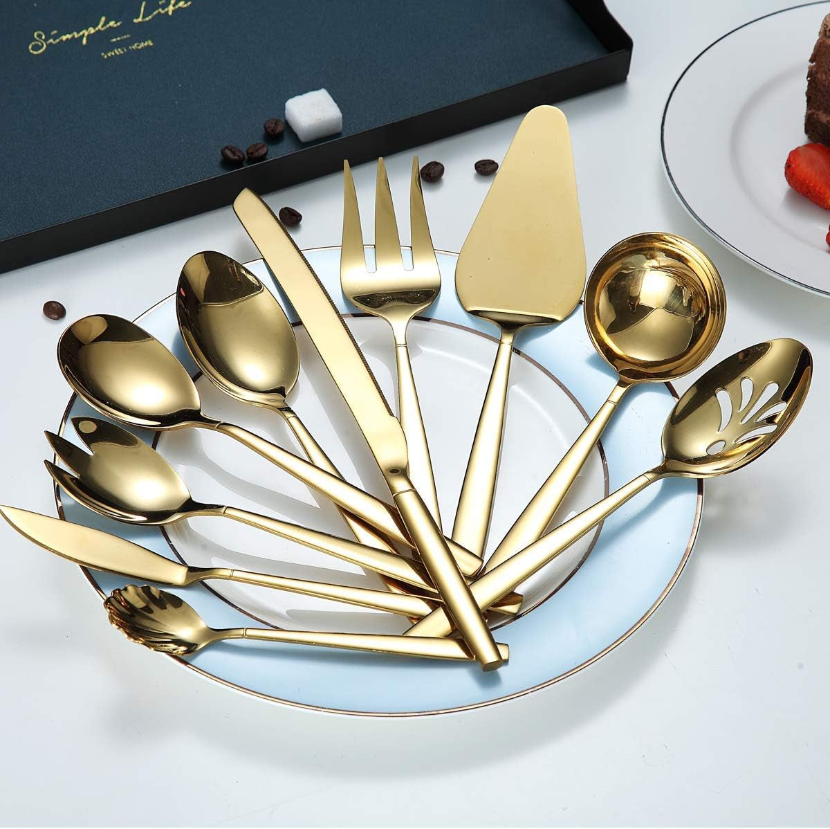 10-Piece Gold Serving Utensil Set with Titanium Plating, Including Cake Knife, Cake Server, Serving Forks, Sugar Spoon, Salad Spoon, Butter Knife, Gravy Ladle, and More