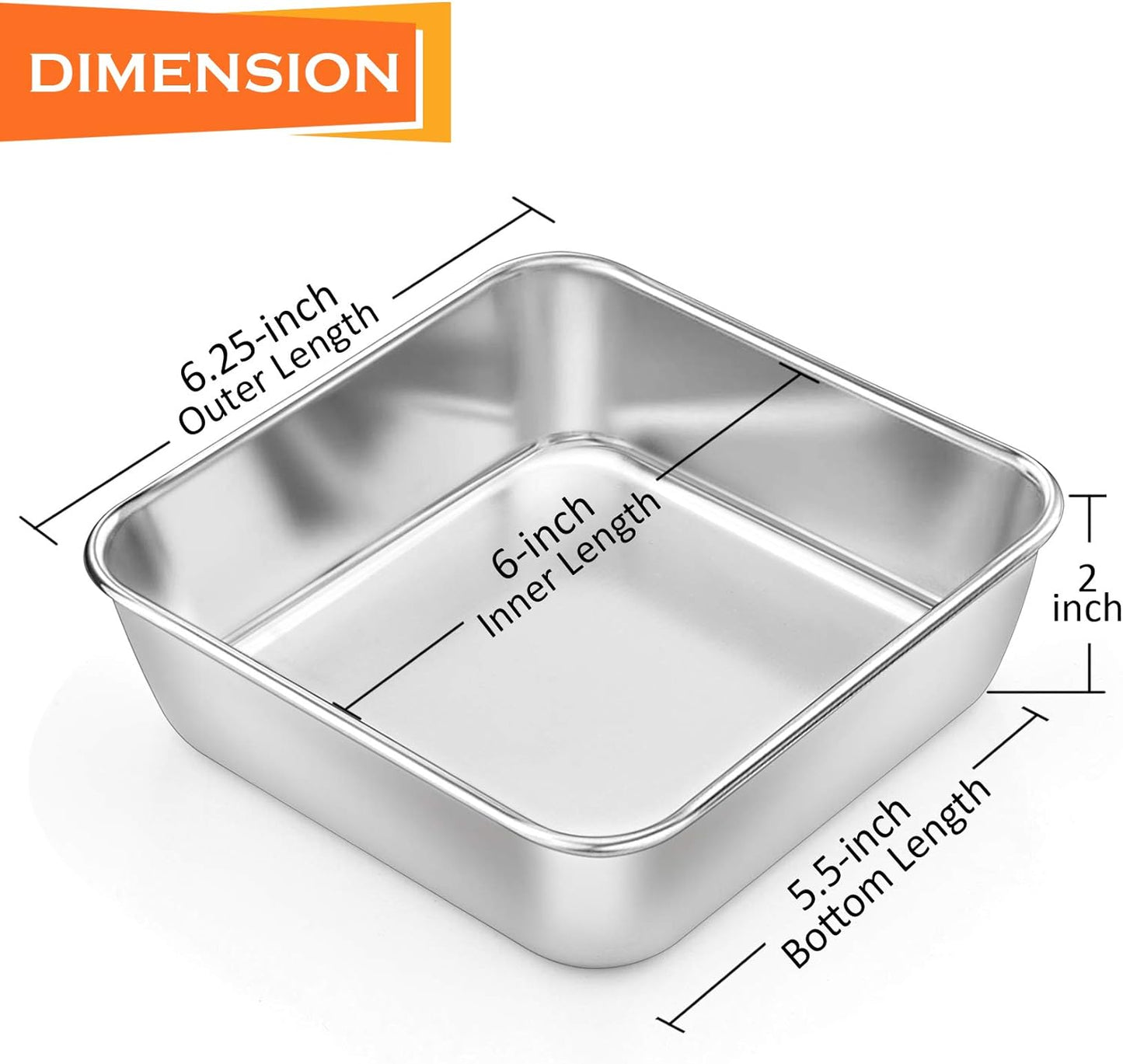 Square Baking Cake Pans, Small Stainless Steel Lasagna Brownie Pan for Birthday Cake Bread Pie, Non-Toxic & Durable, Smooth Rim & Leakproof, Oven & Dishwasher Safe, 6 Inch & 4 Pcs