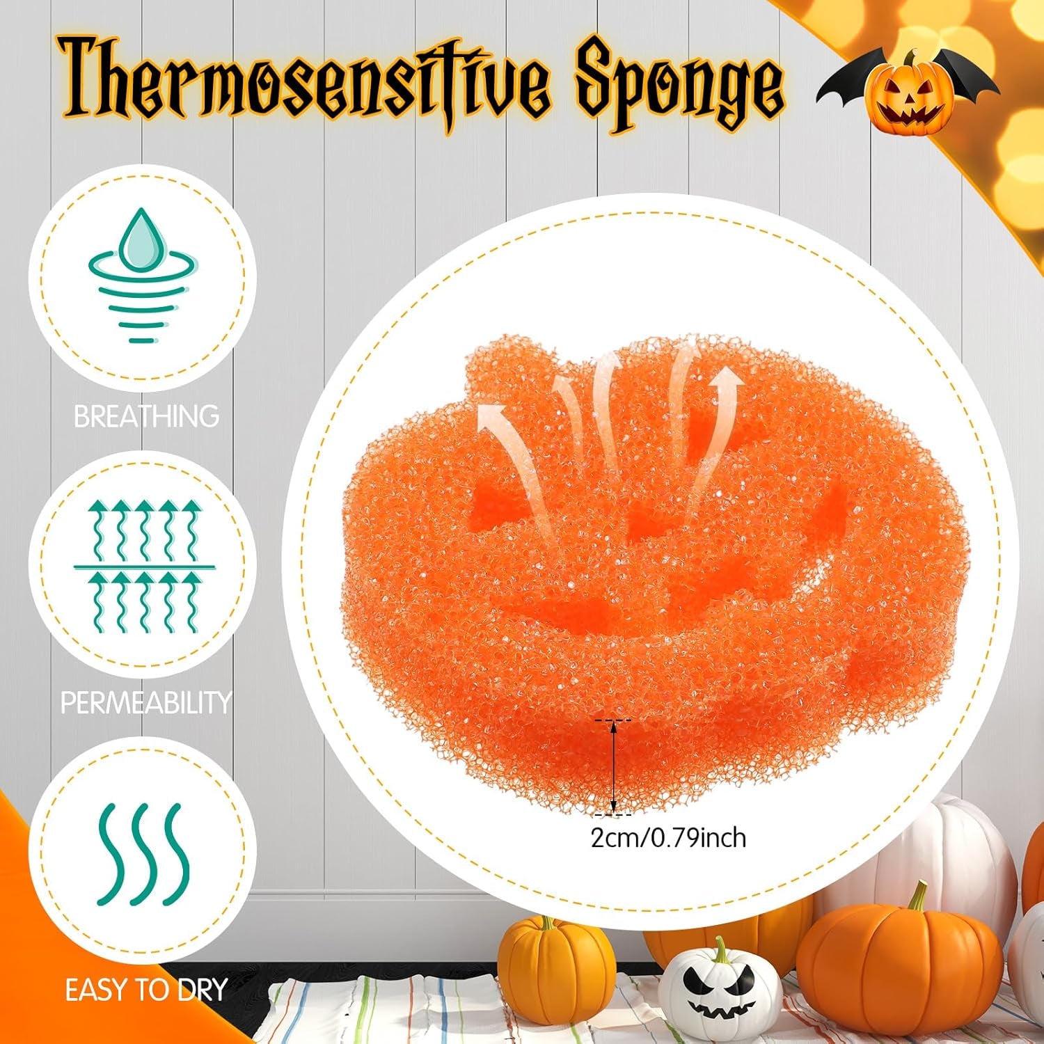 6-Pack Halloween-Themed Non-Scratch Cleaning Sponges for Kitchen Use - Ghost, Bat, Pumpkin, and Cat Designs with Temperature Sensitivity for Dishwashing and Household Cleaning