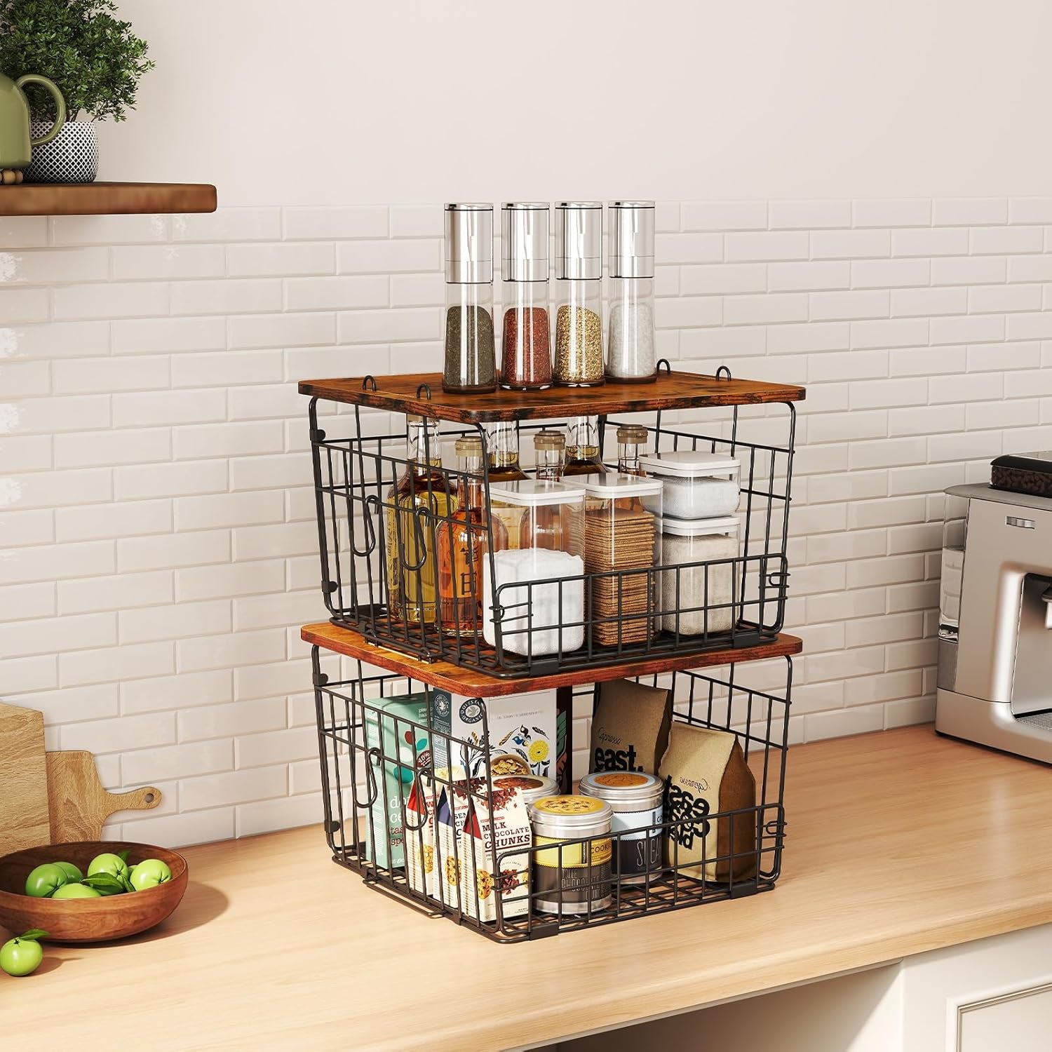 2 Pack Stackable Wire Basket with Wood Top,Pantry Organizer and Storage,Potato Basket Onion Storage for Kitchen Counter,Spice Organizer for Cabinet