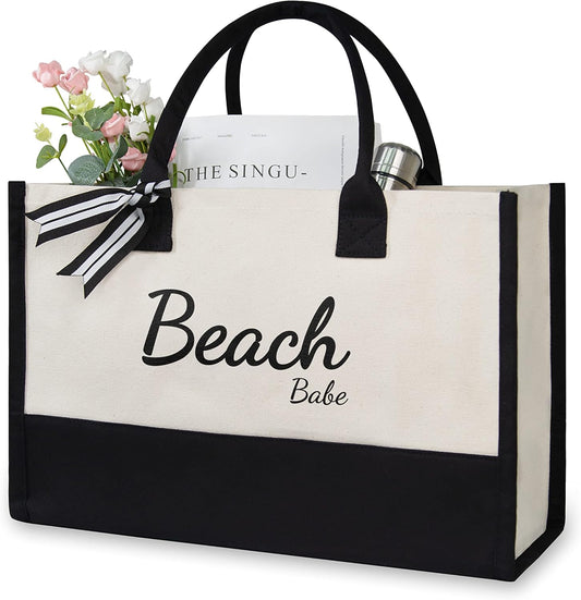 Personalized Initial Canvas Beach Bag, Monogrammed Gift Tote Bag for Women