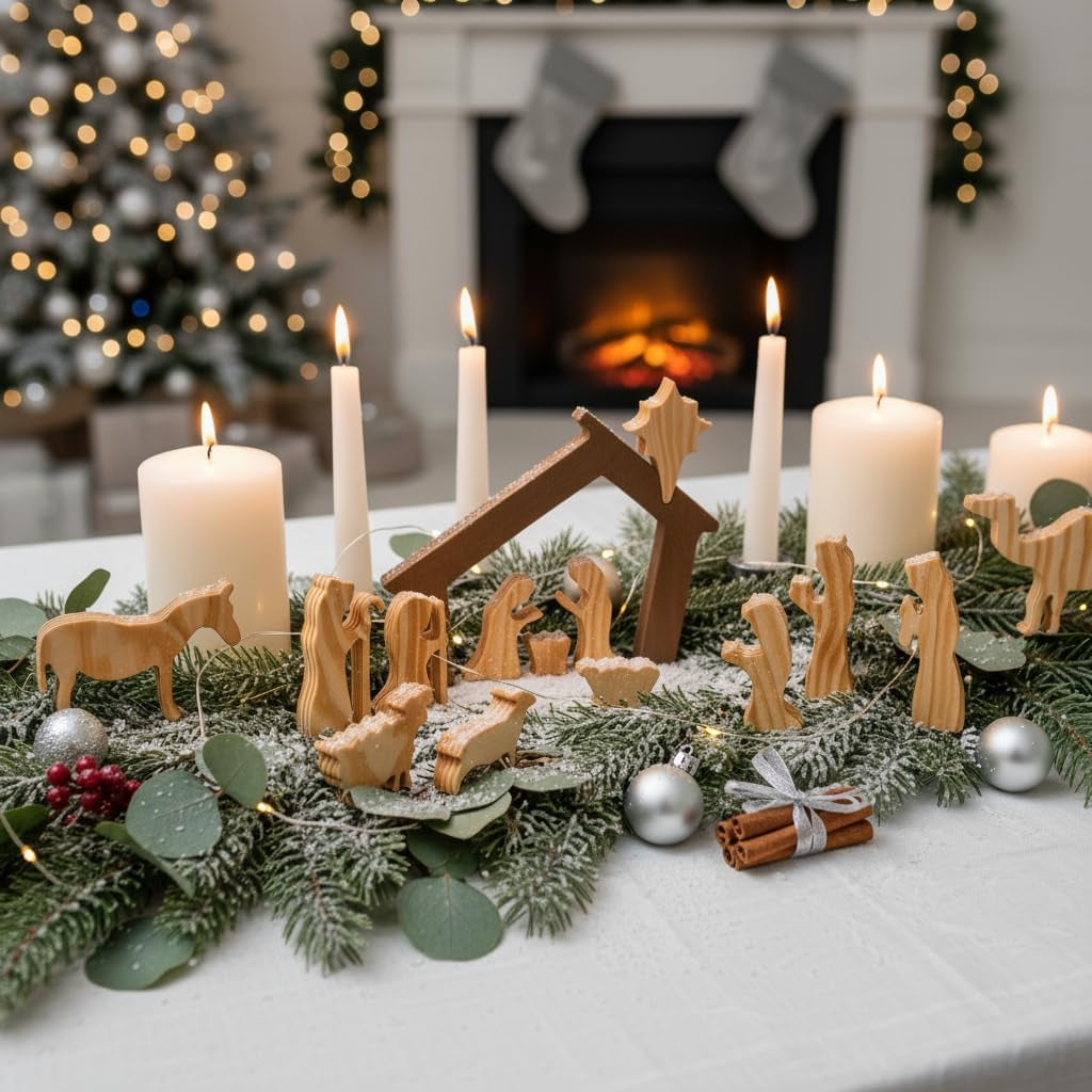 Christmas Decorations, Nativity Sets for Indoor Set of 15 Pieces, Wooden Nativity Set Tabletop Holidays Home Decor, Jesus Christmas Decorations, Christian Religious Nativity Sets & Figures