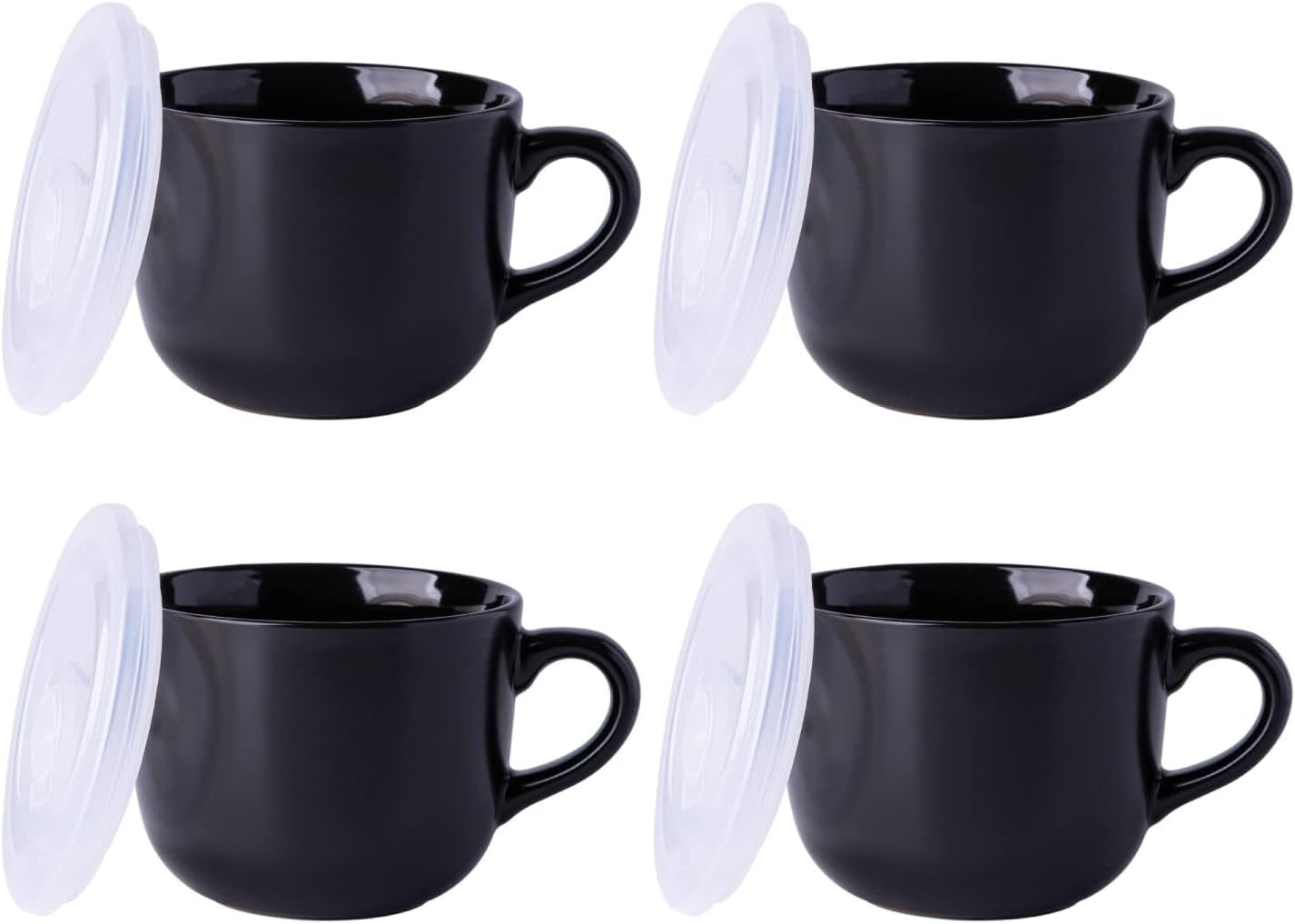 Ceramic Soup Mugs with Vented Lids, 24 Oz Capacity, Set of 4 - Versatile Cups for Coffee, Cereal, Salad, Noodles, Tea, and Soup, Microwave and Dishwasher Safe, Black