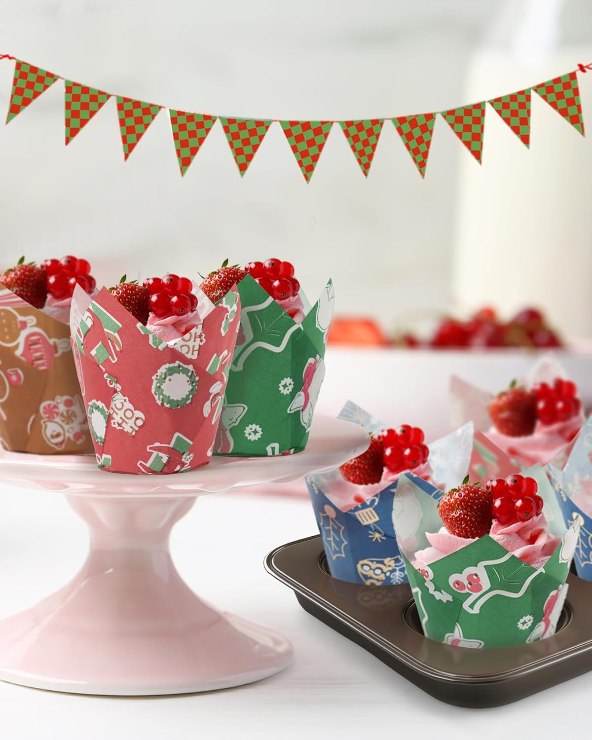 200 Pcs Christmas Tulip Cupcake Liners with 24 Pcs Cupcake Toppers, Cupcake Liners, Tulip Cupcake Liners for Baking, Standard Tulip Muffin Liners for Christmas Holiday