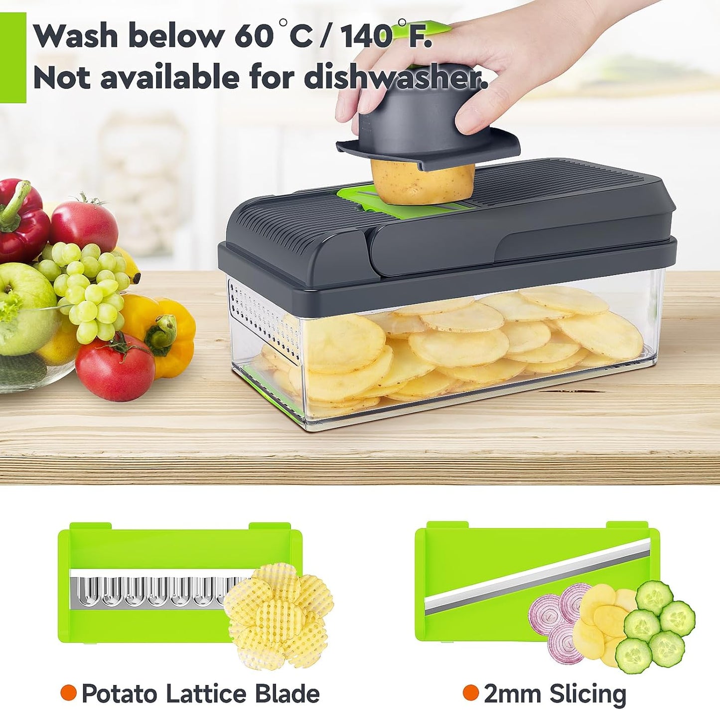 12-in-1 Vegetable Chopper with 7 Blades and Container, Versatile Food Preparation Tool, Cheese Grater, Essential Kitchen Gadget (Green/Grey)