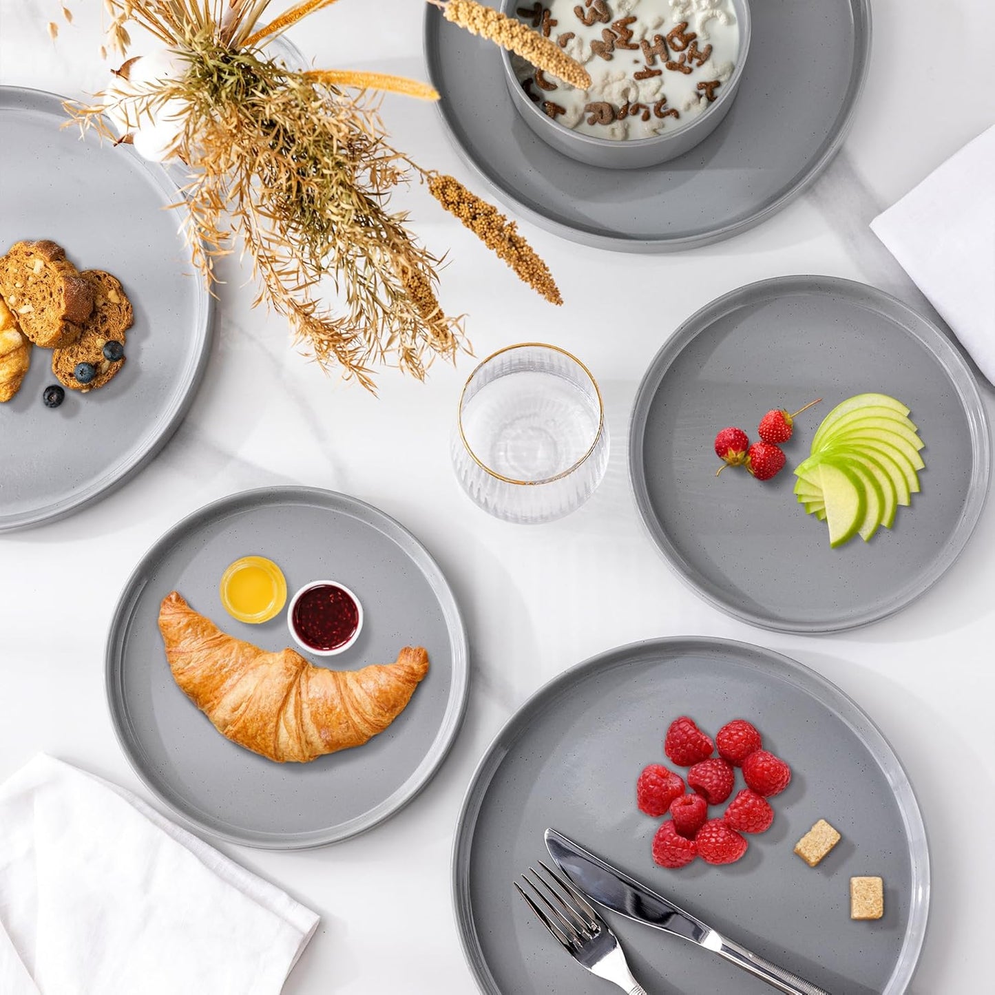12-Piece Speckled Dinnerware Set for 4, Chip and Scratch Resistant Stoneware Plates and Bowls with Glazed Bottom, Dishwasher and Microwave Safe (Limestone)