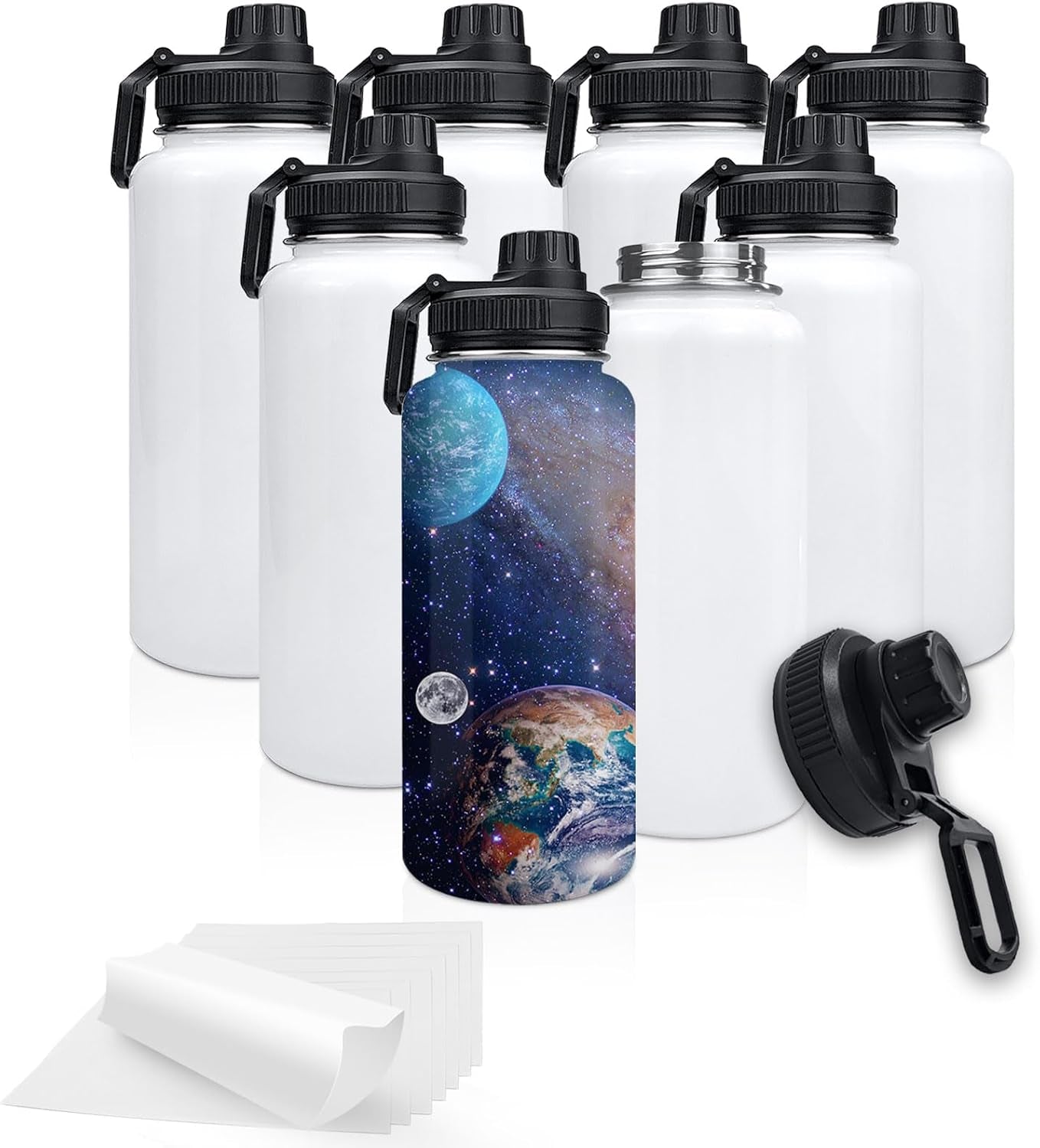 32Oz Stainless Steel Sublimation Sports Water Bottle,Insulated Thermos Mugs with Shrink Wrap Films and Wide Mouth Lid,Double Wall Vacuum Tumbler Keeps Liquids Hot or Cold (White 8 PACK)