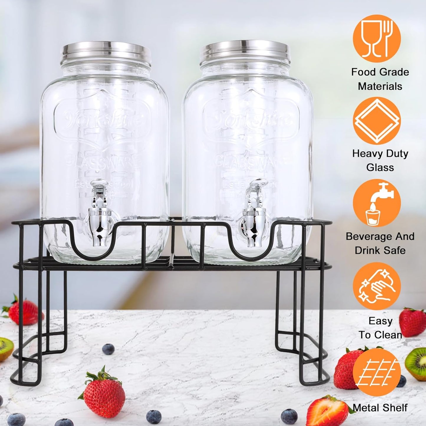 1 Gallon Glass Drink Dispensers for Parties-Set of 2,Drink Dispenser with Fruit Infuser & Stand,Juice or Beverage Dispenser for BBQ, Picnic, Party,Laundry Detergent Dispenser