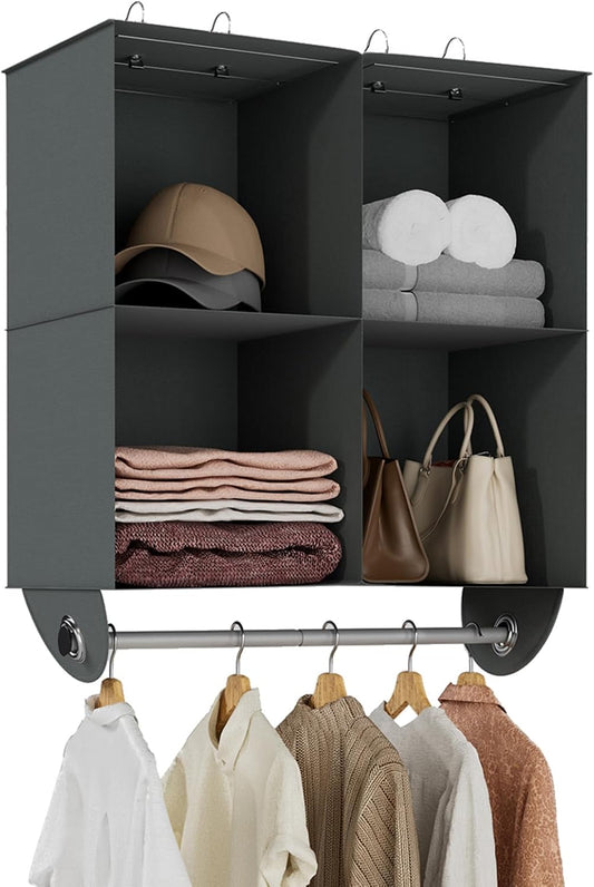 4-Section Hanging Closet Organizer and Storage, Heavy Duty Hanging Shelves with Rod, Closet Storage for College Dorms, RV, Dark Grey
