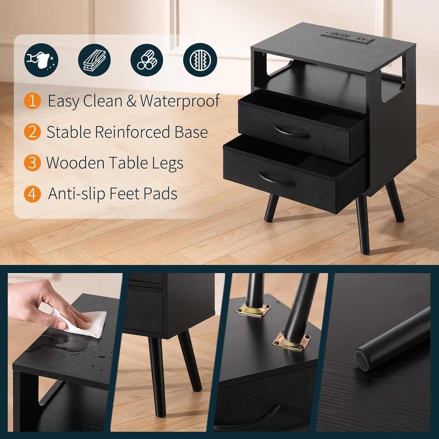 LED Night Stand with Charger Station, Mid Century Modern Nightstand with Fabric Drawers, Bedside Table Nightstands with Storage Shelf, Bed Side Table Small Night Stands for Bedroom Living Room