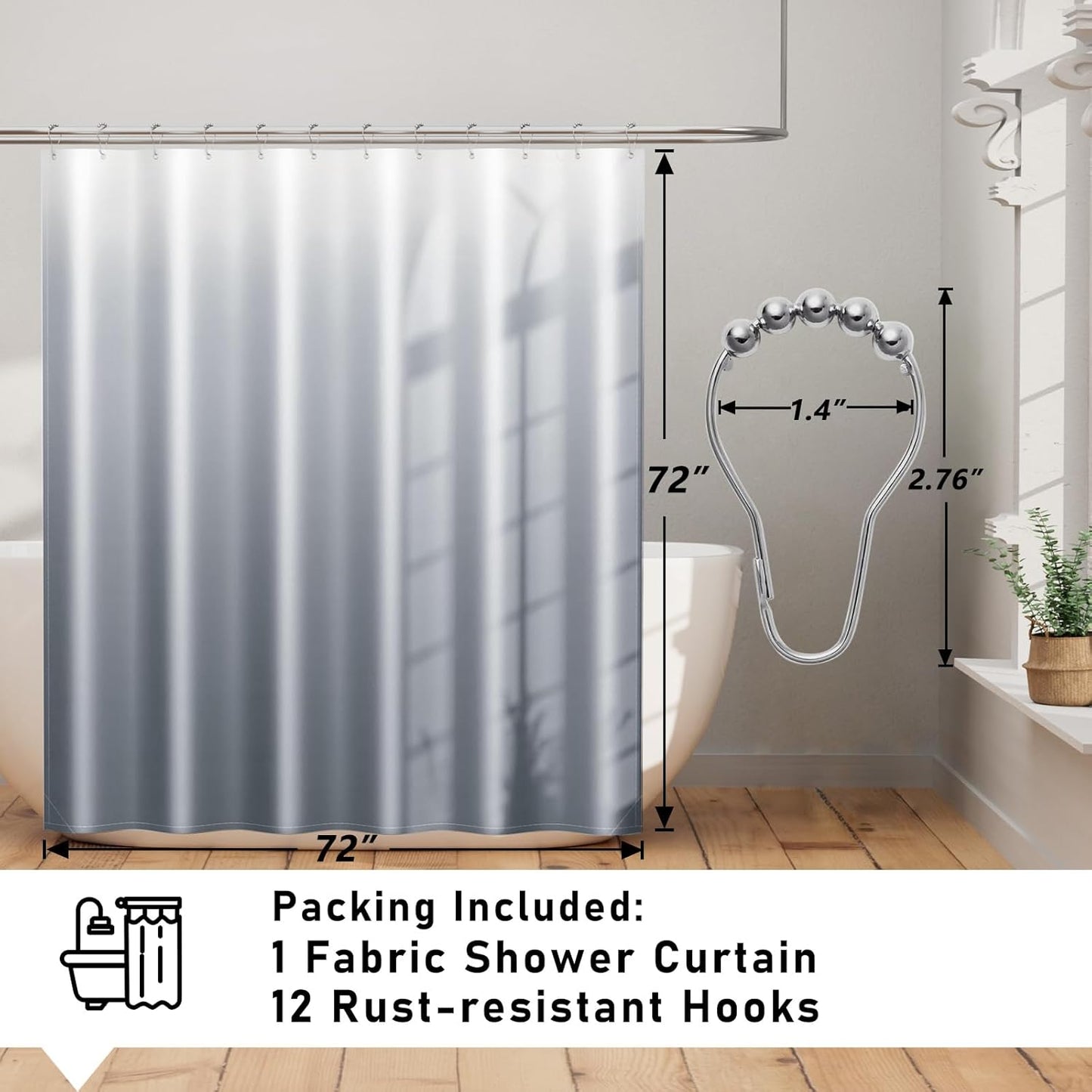 Fabric Shower Curtain for Bathroom, Grey Ombre Bath Shower Curtains Sets with 12 Hooks, Waterproof, Machine Washable, 72 X 72 Inch