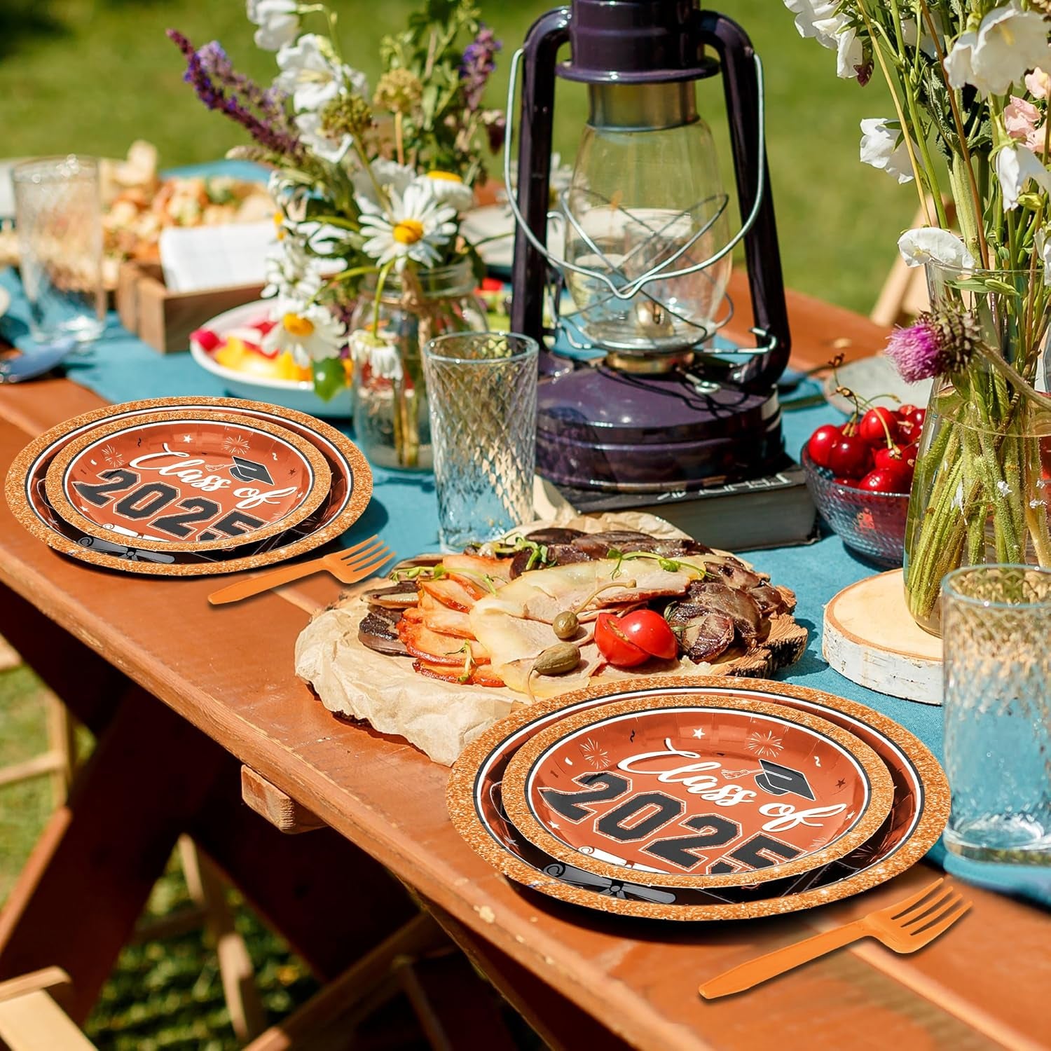 50 SET Graduation Plates and Napkins 2025 and Forks, Orange Grad Party Supplies, Disposable Orange Paper Plates and Grad Napkins, Graduation Table Decorations Class of 2025